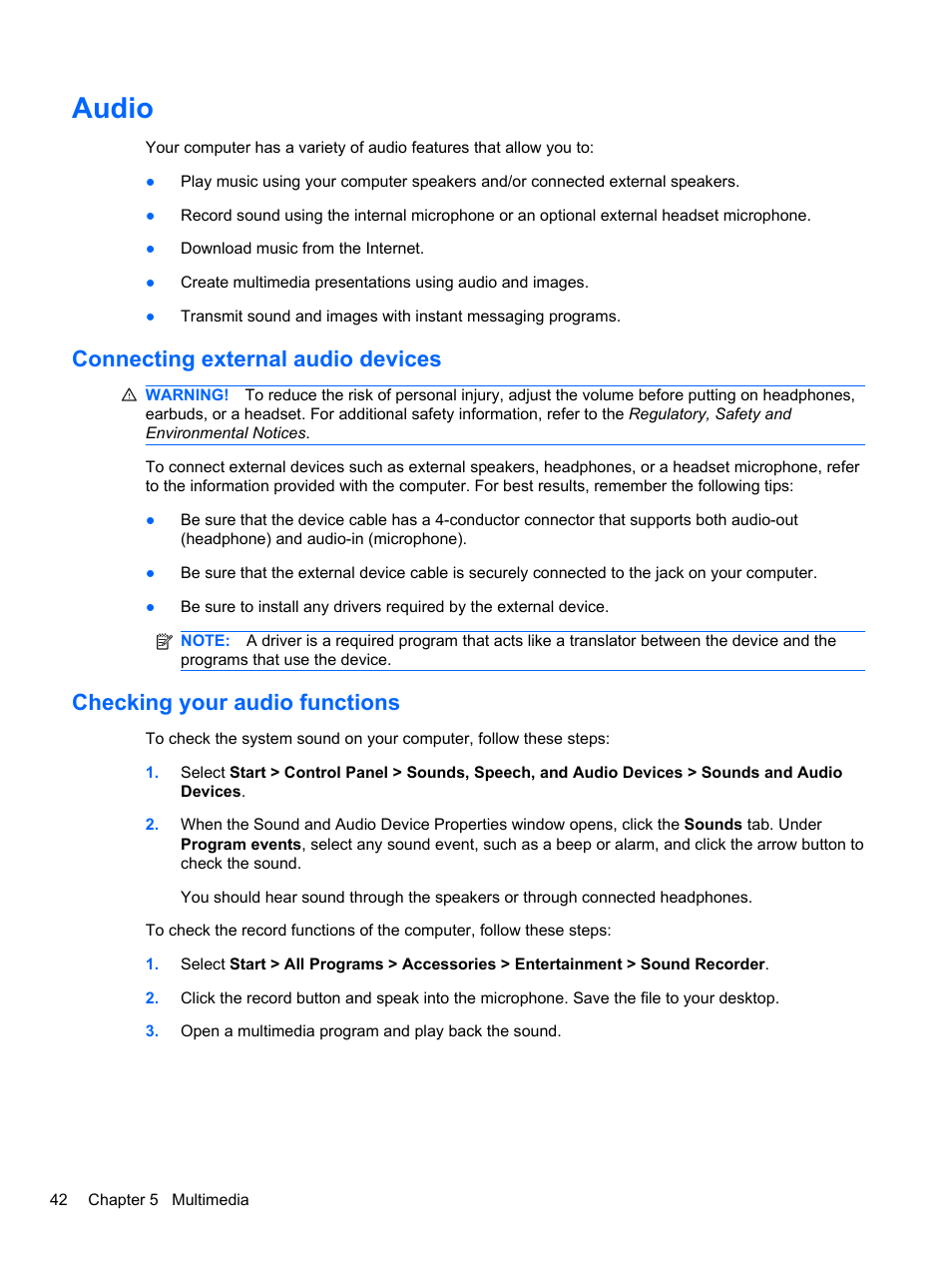 Audio, Connecting external audio devices, Checking your audio functions | HP Mini 2102 User Manual | Page 50 / 87