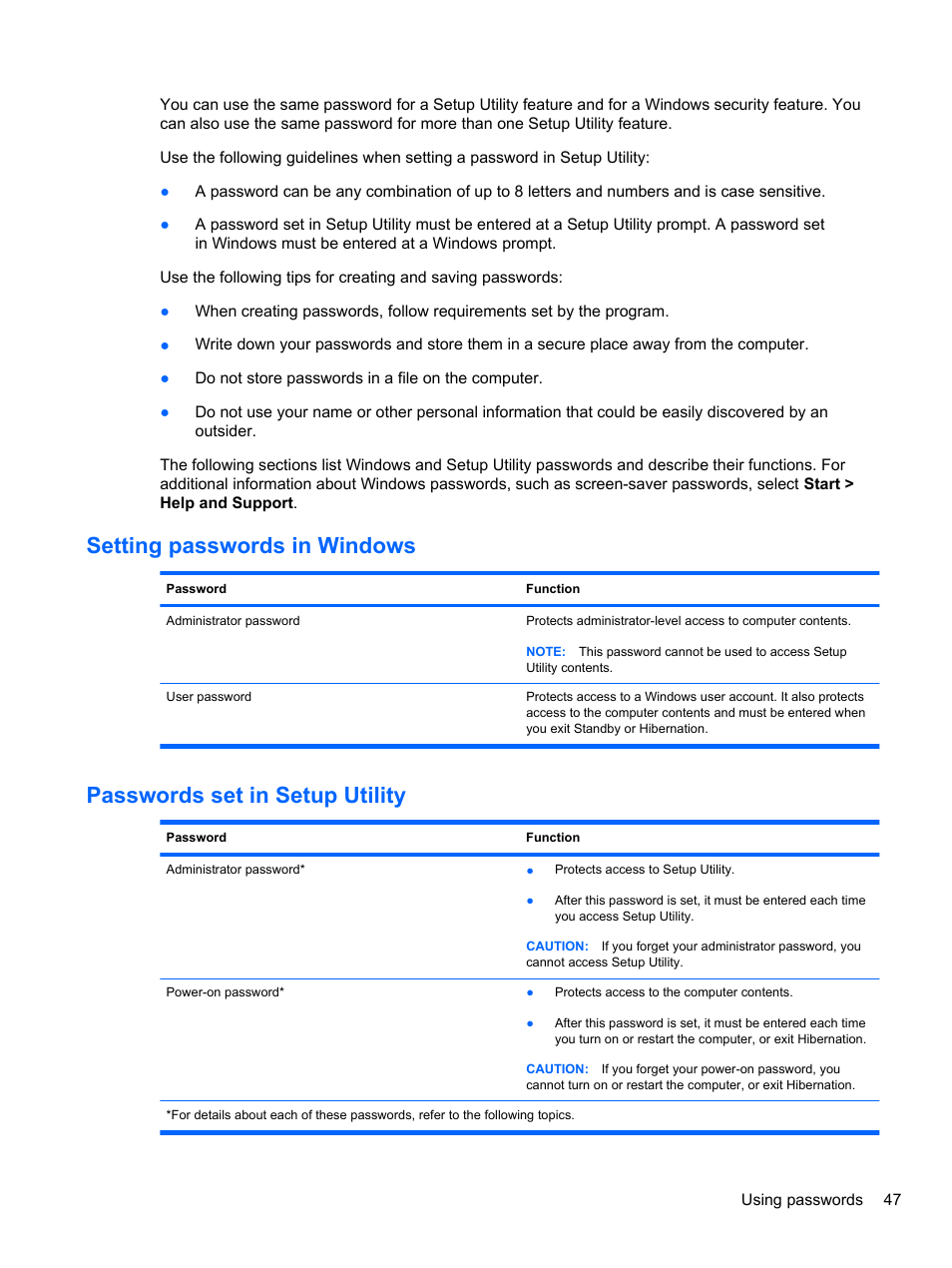 Setting passwords in windows, Passwords set in setup utility | HP Mini 2102 User Manual | Page 55 / 87