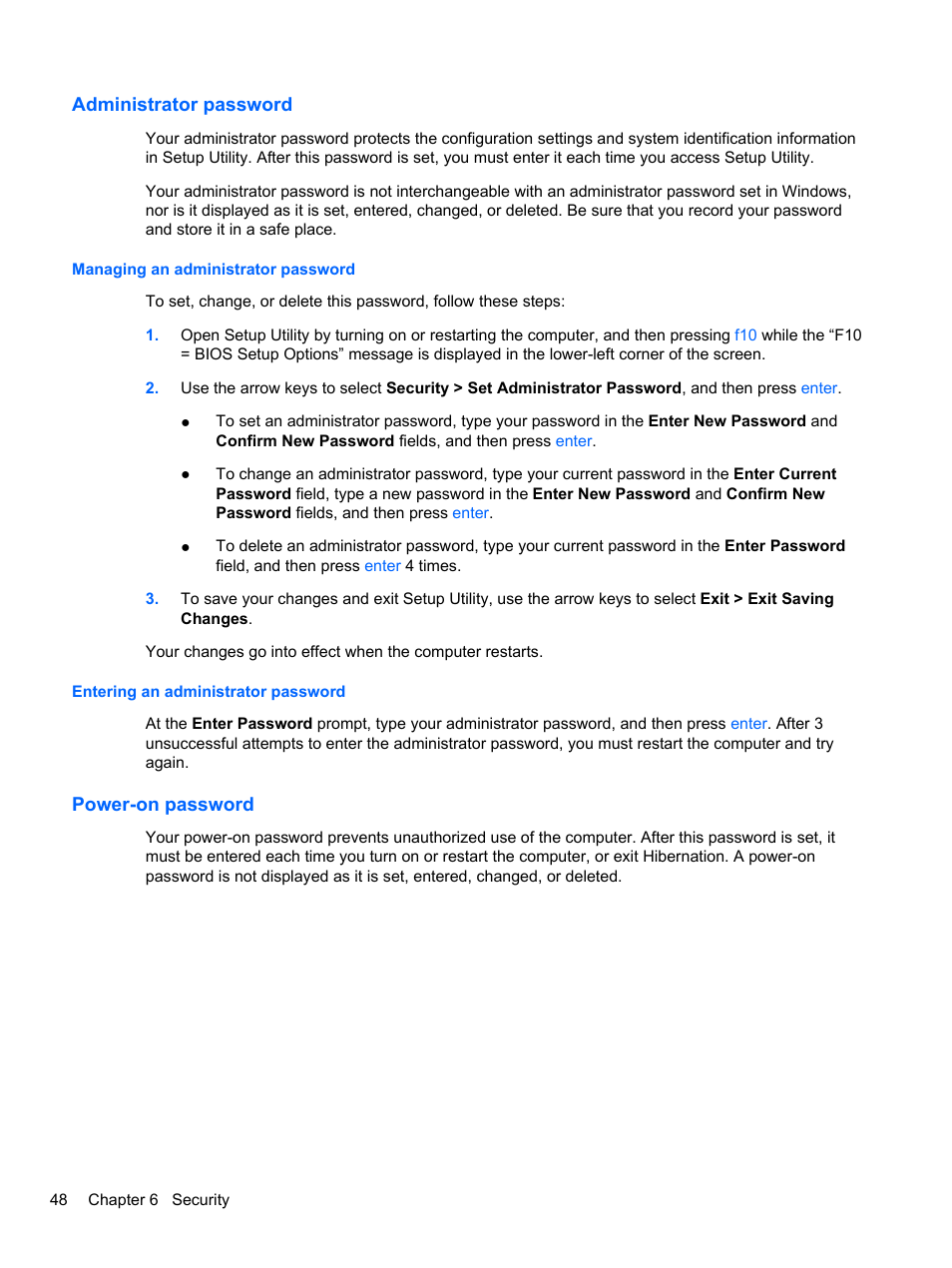 Administrator password, Managing an administrator password, Entering an administrator password | Power-on password | HP Mini 2102 User Manual | Page 56 / 87