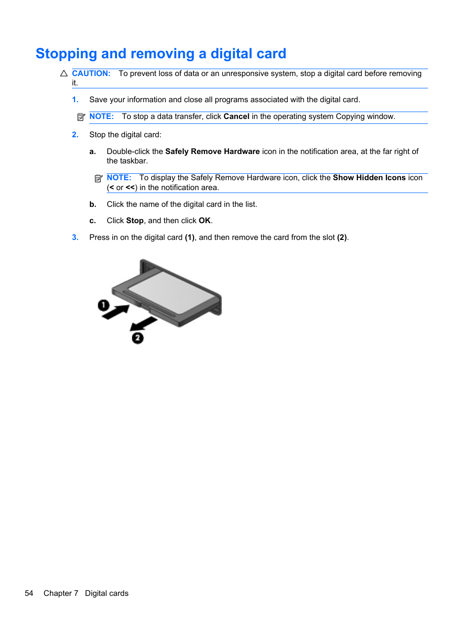 Stopping and removing a digital card | HP Mini 2102 User Manual | Page 62 / 87