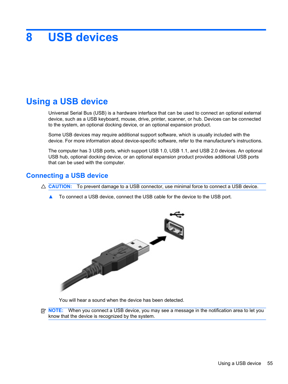 Usb devices, Using a usb device, Connecting a usb device | 8 usb devices, 8usb devices | HP Mini 2102 User Manual | Page 63 / 87