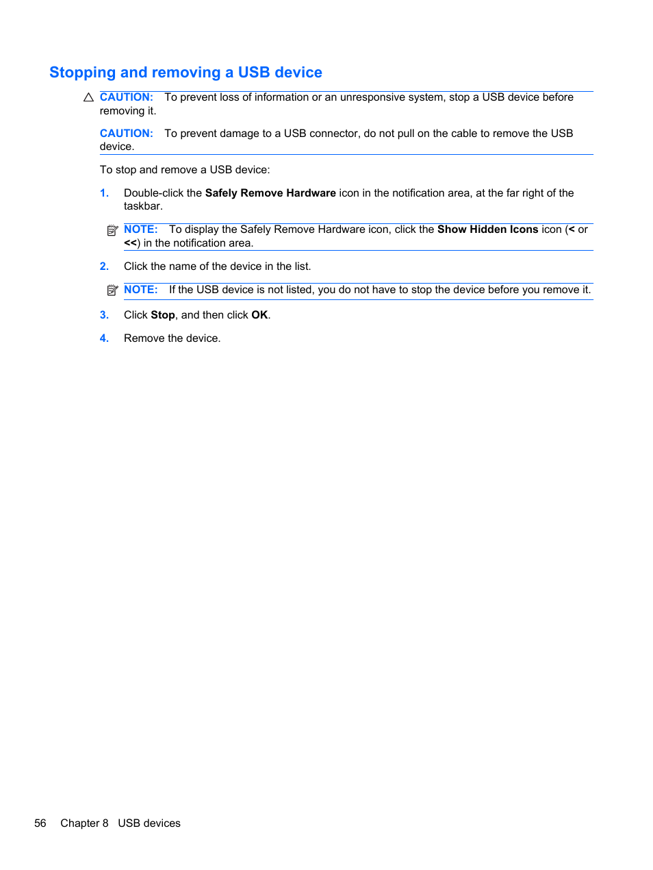 Stopping and removing a usb device | HP Mini 2102 User Manual | Page 64 / 87