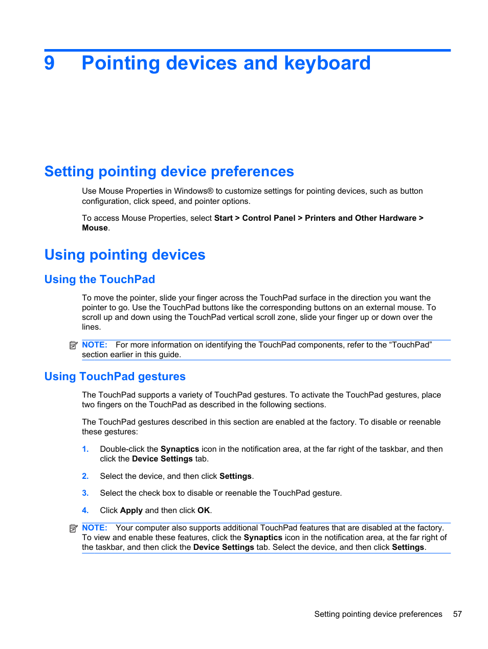 Pointing devices and keyboard, Setting pointing device preferences, Using pointing devices | Using the touchpad, Using touchpad gestures, 9 pointing devices and keyboard, Using the touchpad using touchpad gestures, 9pointing devices and keyboard | HP Mini 2102 User Manual | Page 65 / 87