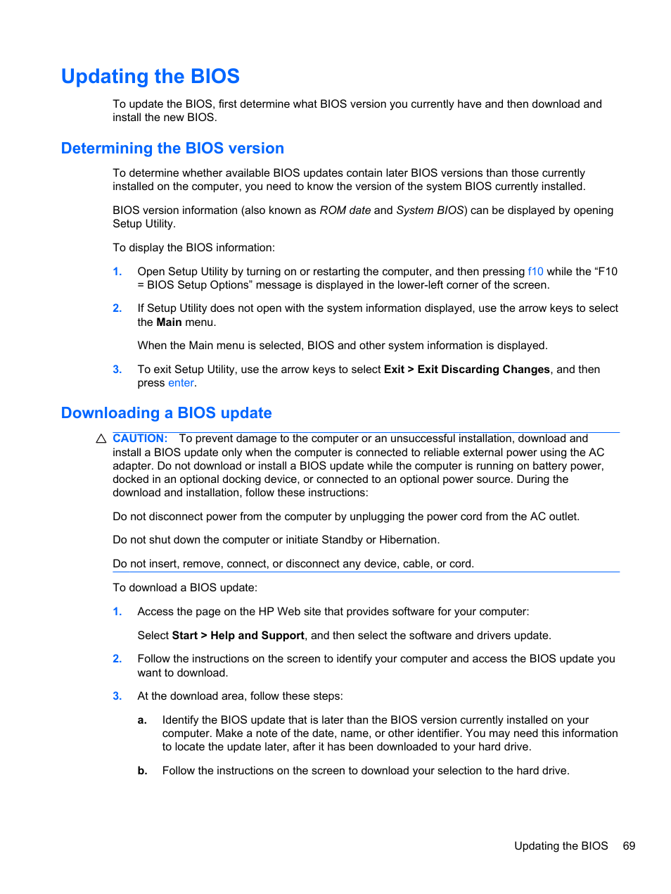 Updating the bios, Determining the bios version, Downloading a bios update | HP Mini 2102 User Manual | Page 77 / 87