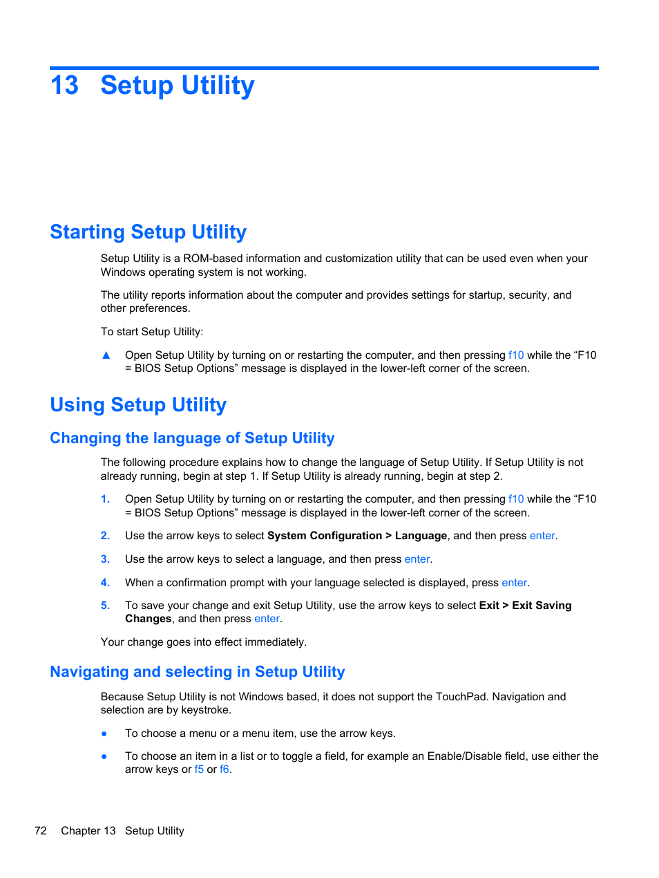 Setup utility, Starting setup utility, Using setup utility | Changing the language of setup utility, Navigating and selecting in setup utility, 13 setup utility, Starting setup utility using setup utility | HP Mini 2102 User Manual | Page 80 / 87