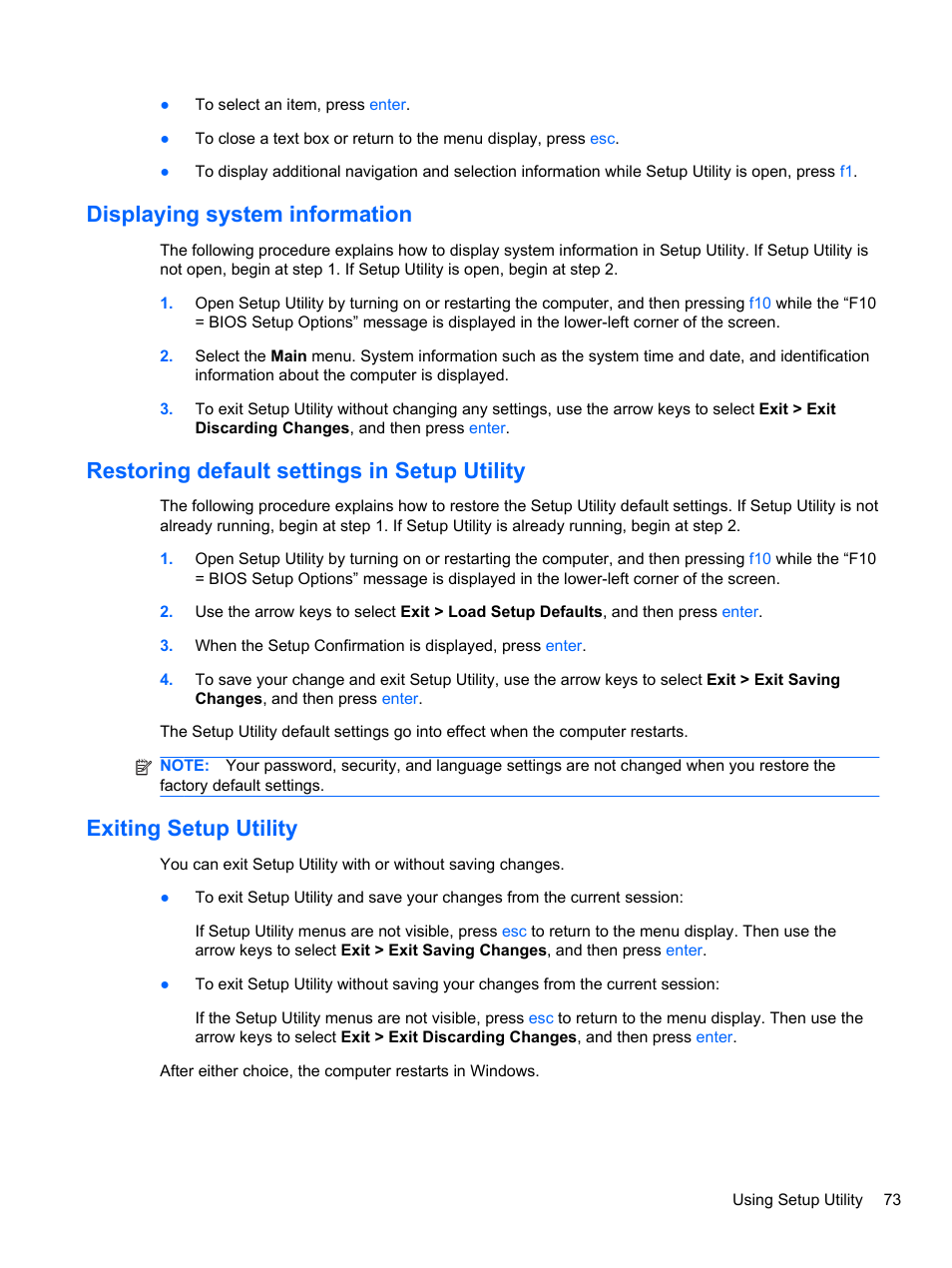 Displaying system information, Restoring default settings in setup utility, Exiting setup utility | HP Mini 2102 User Manual | Page 81 / 87