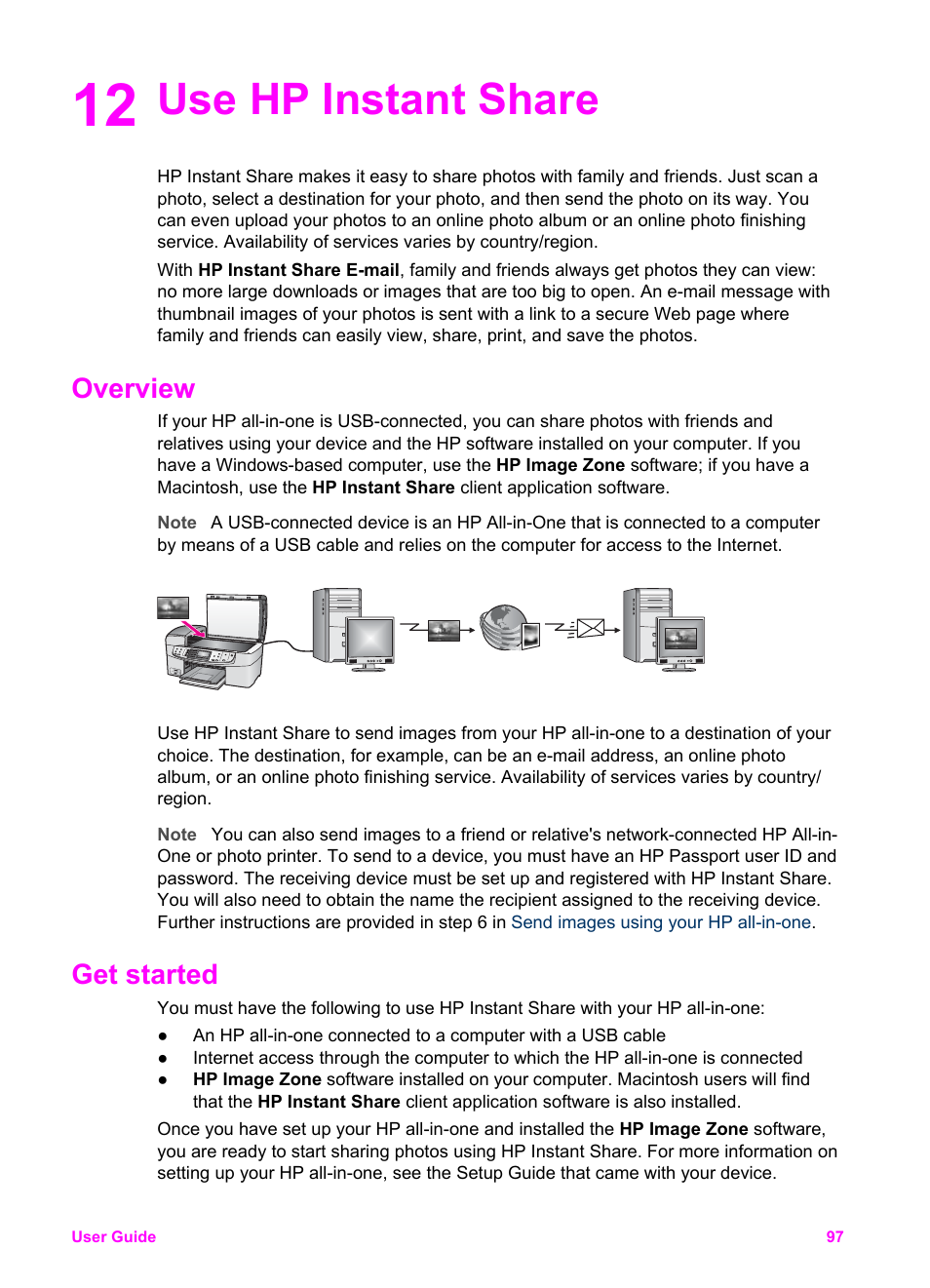 Use hp instant share, Overview, Get started | 12 use hp instant share, Overview get started | HP Officejet 6210v All-in-One Printer User Manual | Page 100 / 177