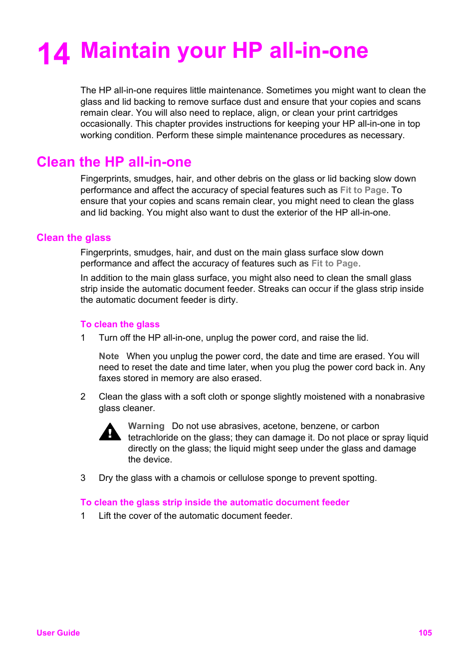 Maintain your hp all-in-one, Clean the hp all-in-one, Clean the glass | 14 maintain your hp all-in-one, Information, see | HP Officejet 6210v All-in-One Printer User Manual | Page 108 / 177
