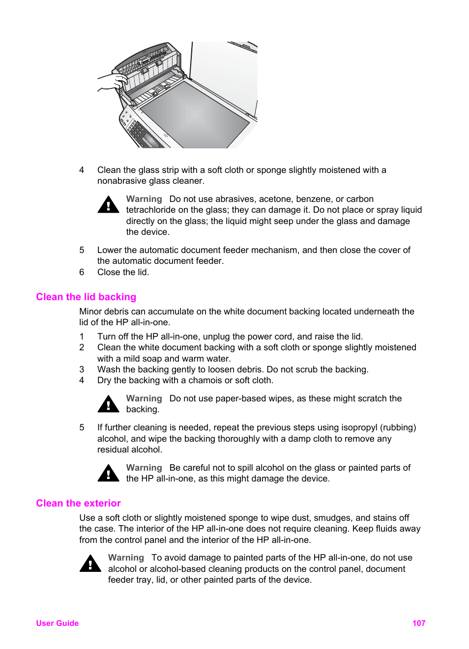 Clean the lid backing, Clean the exterior | HP Officejet 6210v All-in-One Printer User Manual | Page 110 / 177