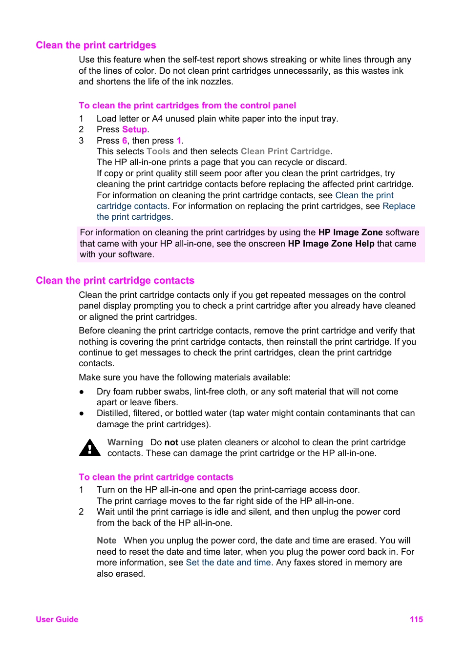 Clean the print cartridges, Clean the print cartridge contacts | HP Officejet 6210v All-in-One Printer User Manual | Page 118 / 177