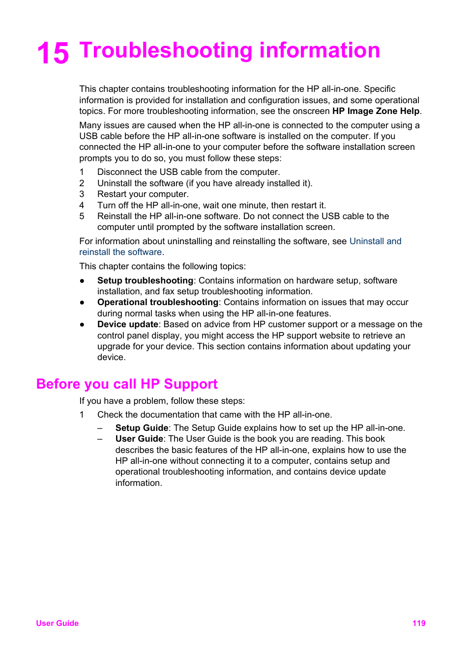 Troubleshooting information, Before you call hp support, 15 troubleshooting information | HP Officejet 6210v All-in-One Printer User Manual | Page 122 / 177