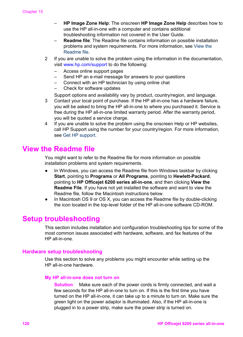 View the readme file, Setup troubleshooting, Hardware setup troubleshooting | HP Officejet 6210v All-in-One Printer User Manual | Page 123 / 177