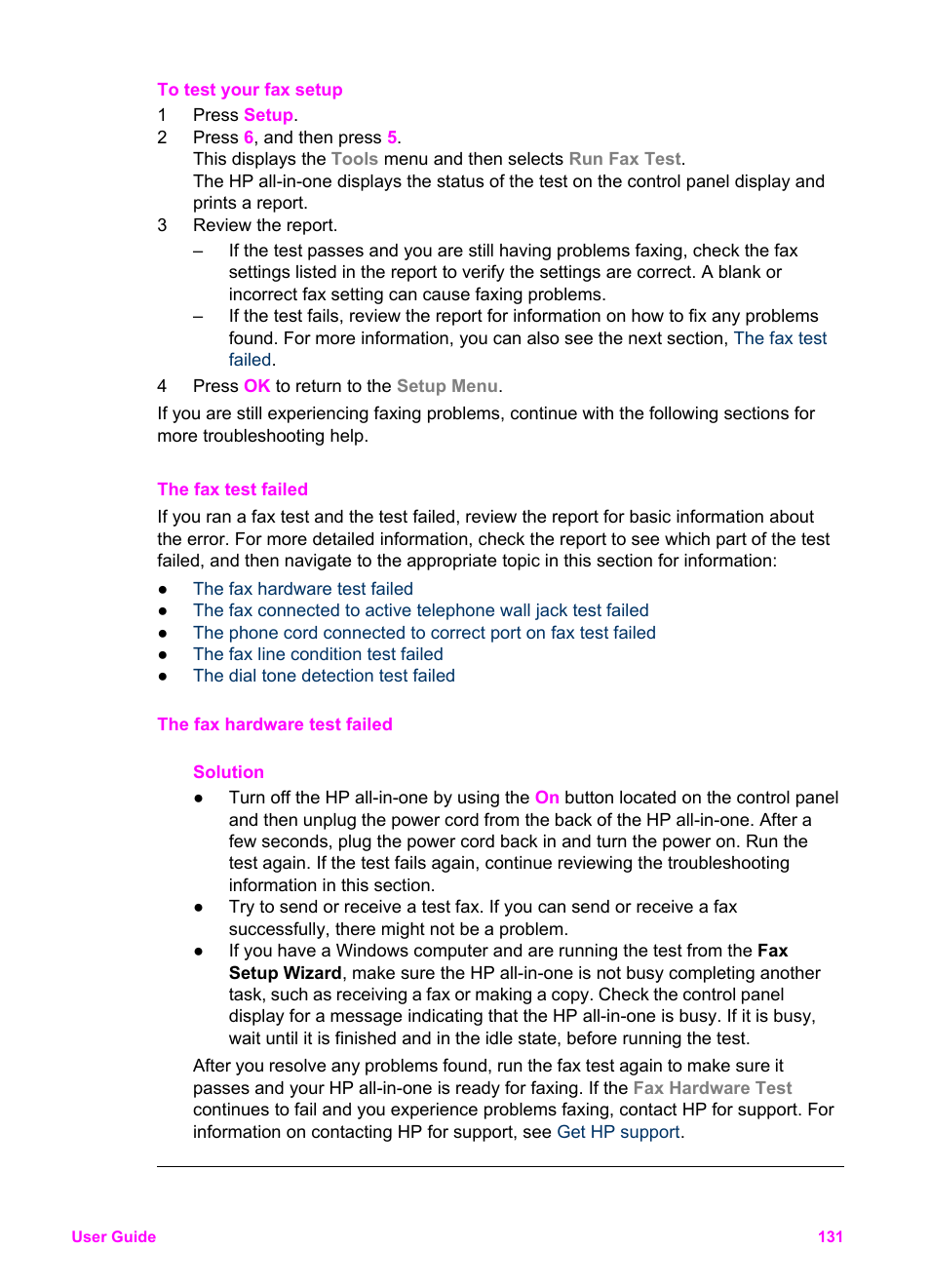 The fax test failed | HP Officejet 6210v All-in-One Printer User Manual | Page 134 / 177