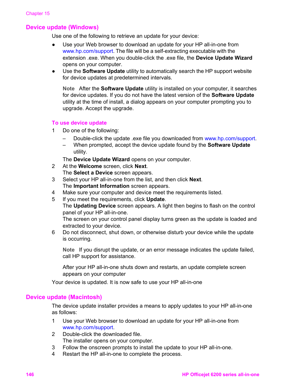 Device update (windows), Device update (macintosh) | HP Officejet 6210v All-in-One Printer User Manual | Page 149 / 177