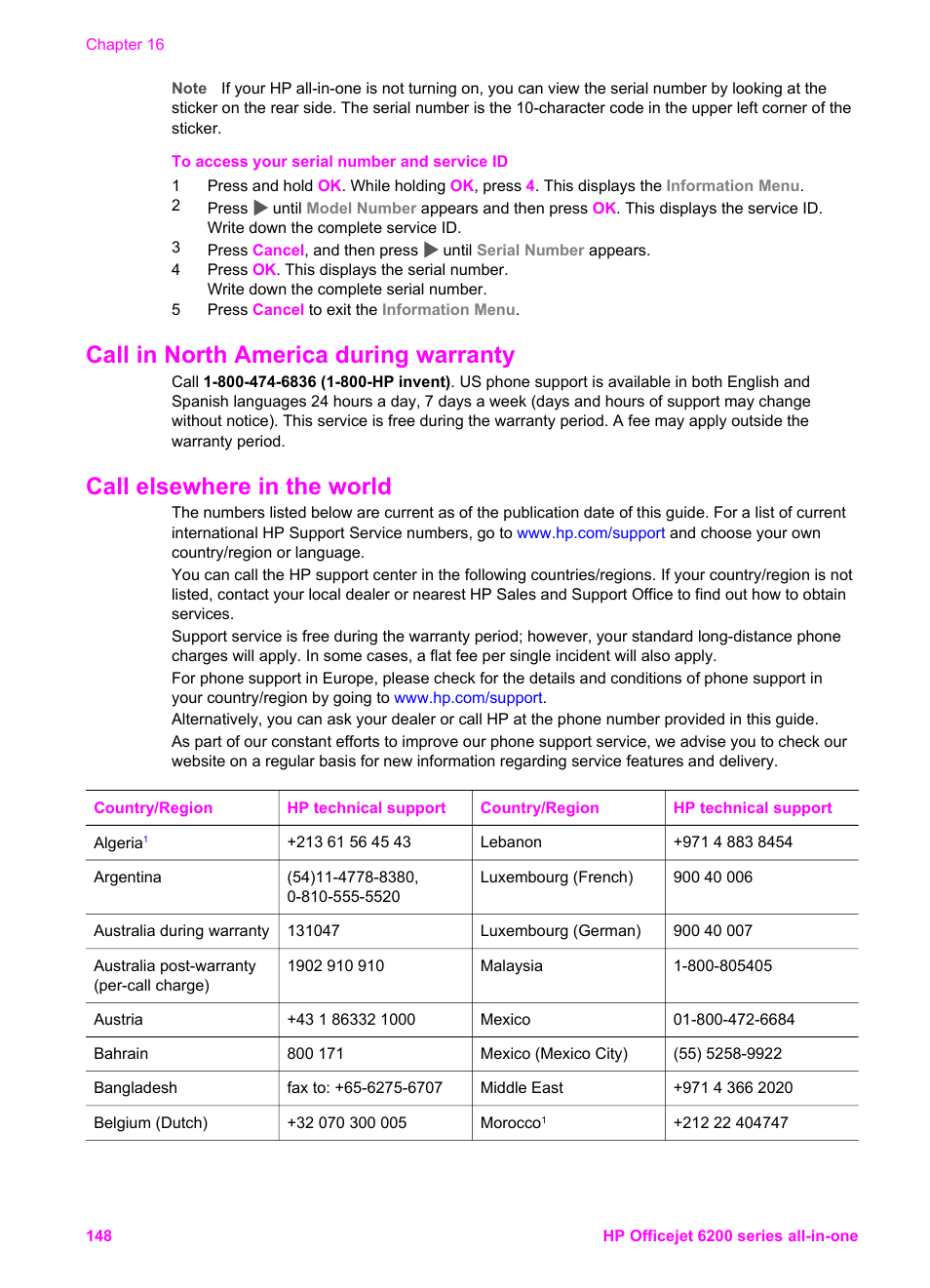 Call in north america during warranty, Call elsewhere in the world | HP Officejet 6210v All-in-One Printer User Manual | Page 151 / 177
