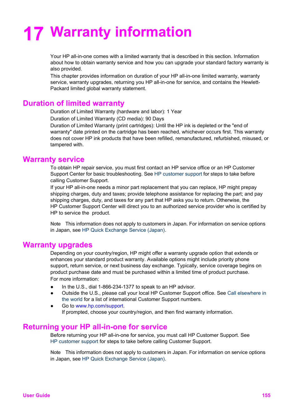 Warranty information, Duration of limited warranty, Warranty service | Warranty upgrades, Returning your hp all-in-one for service, 17 warranty information | HP Officejet 6210v All-in-One Printer User Manual | Page 158 / 177