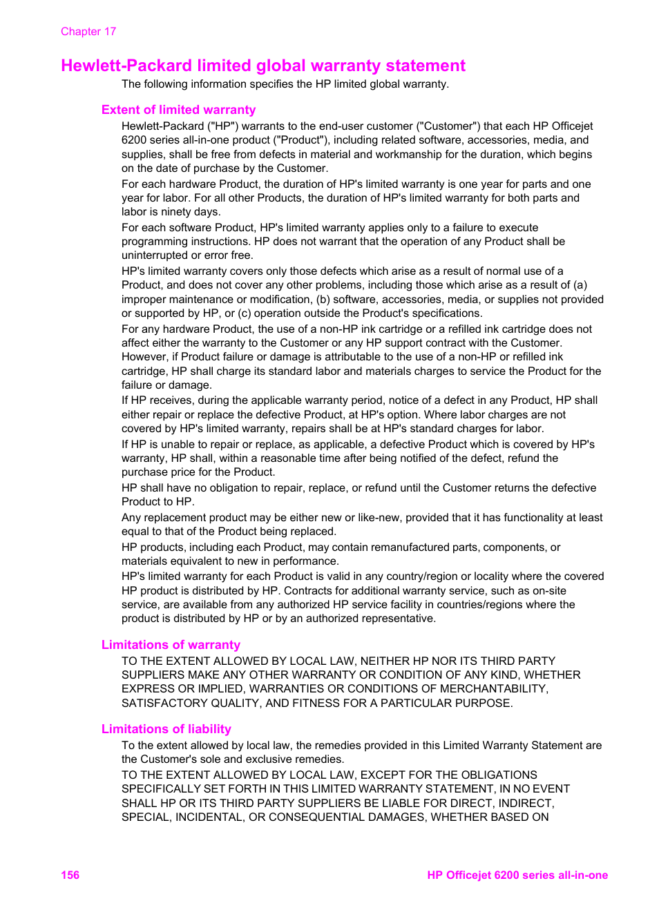 Hewlett-packard limited global warranty statement, Extent of limited warranty, Limitations of warranty | Limitations of liability | HP Officejet 6210v All-in-One Printer User Manual | Page 159 / 177