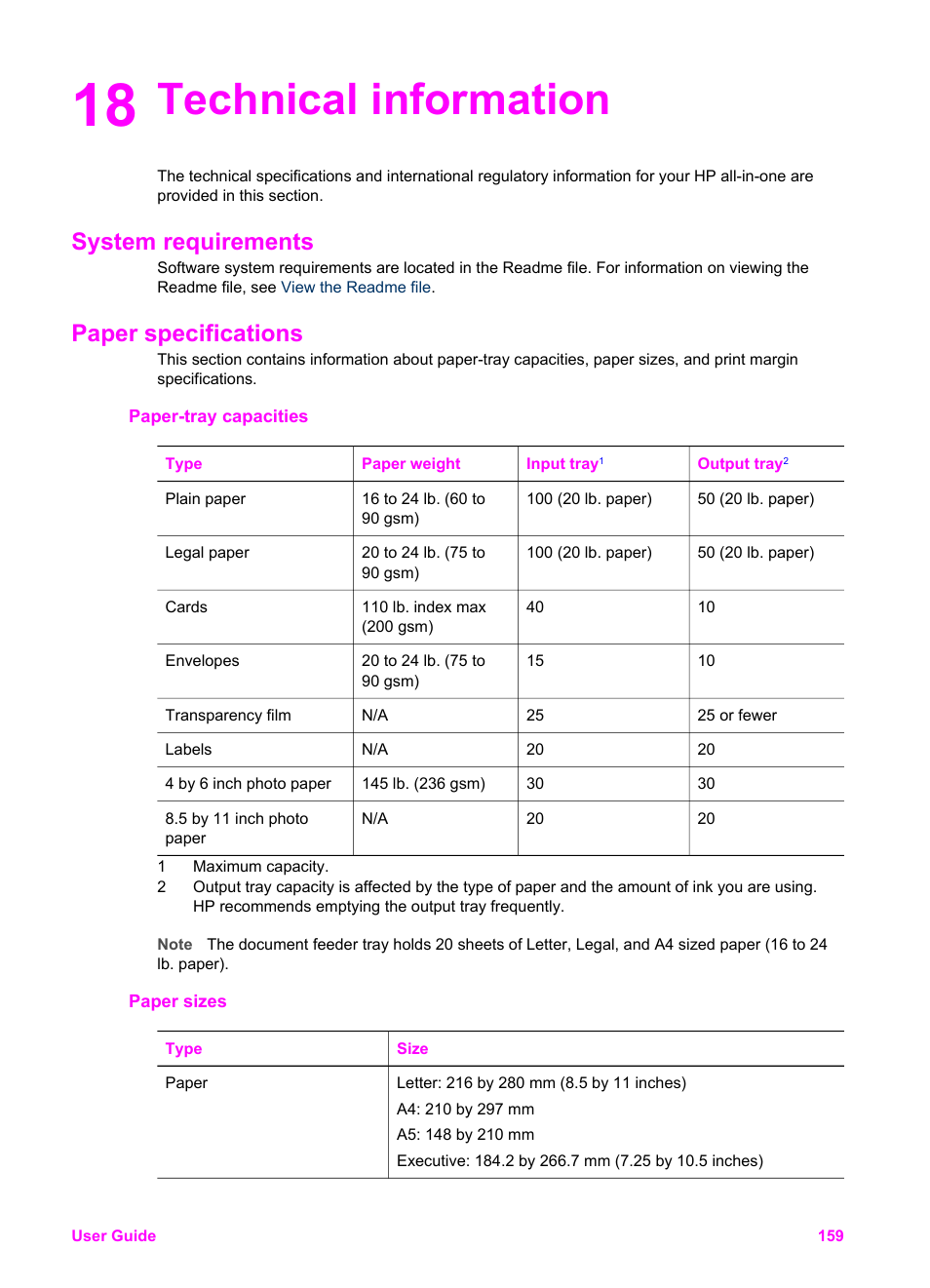 Technical information, System requirements, Paper specifications | Paper-tray capacities, Paper sizes, 18 technical information, System requirements paper specifications | HP Officejet 6210v All-in-One Printer User Manual | Page 162 / 177