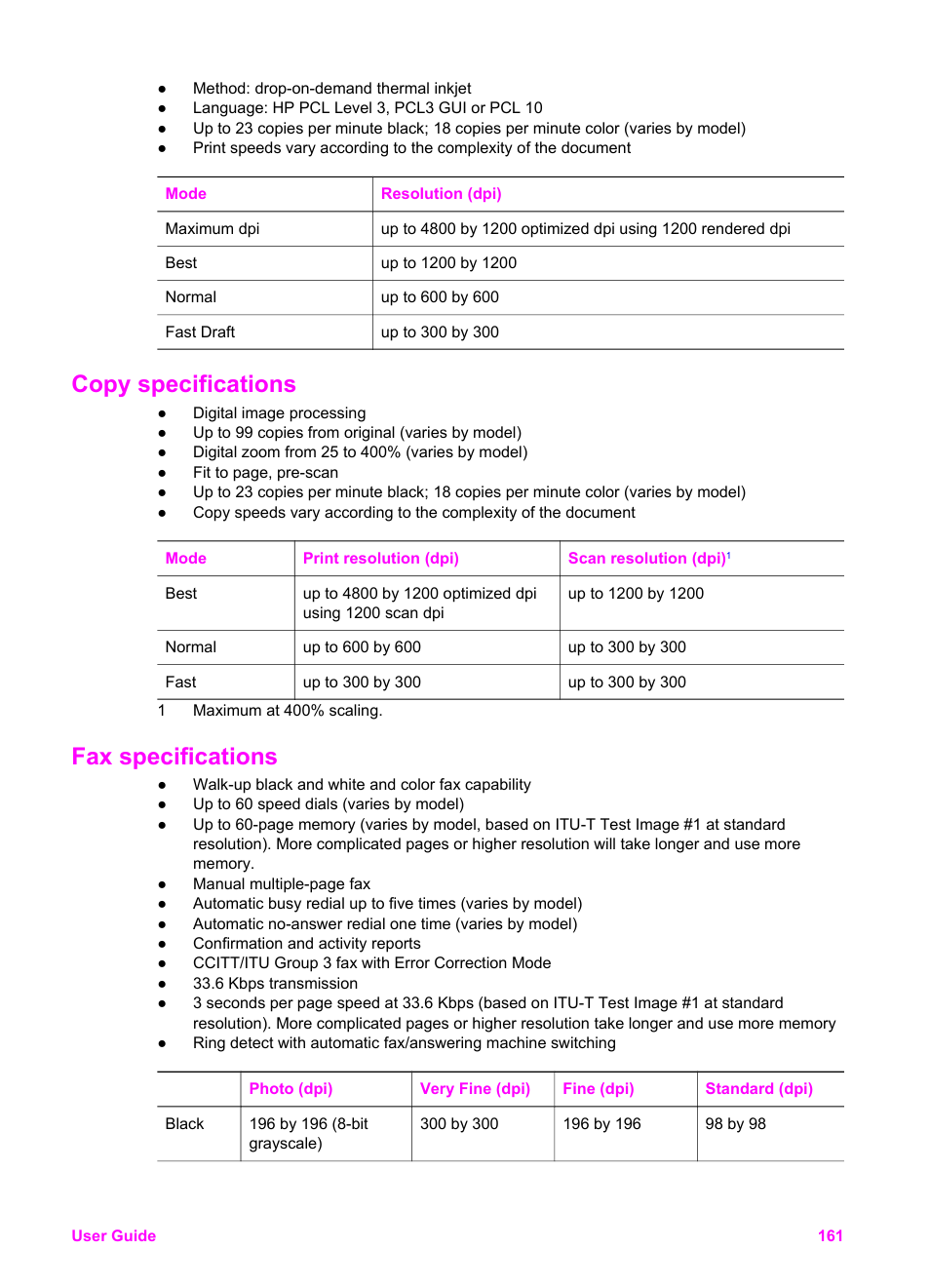 Copy specifications, Fax specifications, Copy specifications fax specifications | HP Officejet 6210v All-in-One Printer User Manual | Page 164 / 177