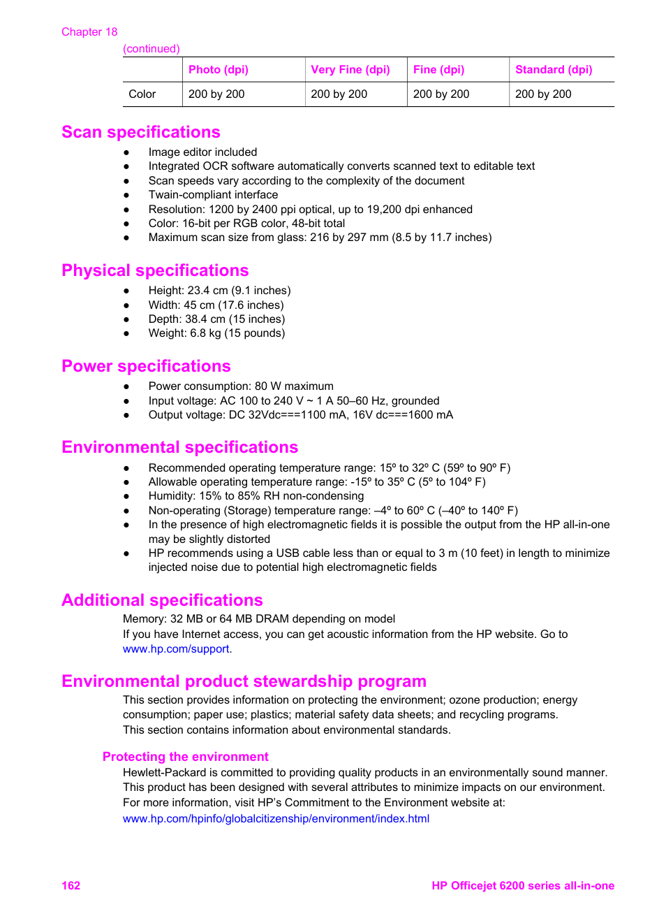 Scan specifications, Physical specifications, Power specifications | Environmental specifications, Additional specifications, Environmental product stewardship program, Protecting the environment | HP Officejet 6210v All-in-One Printer User Manual | Page 165 / 177