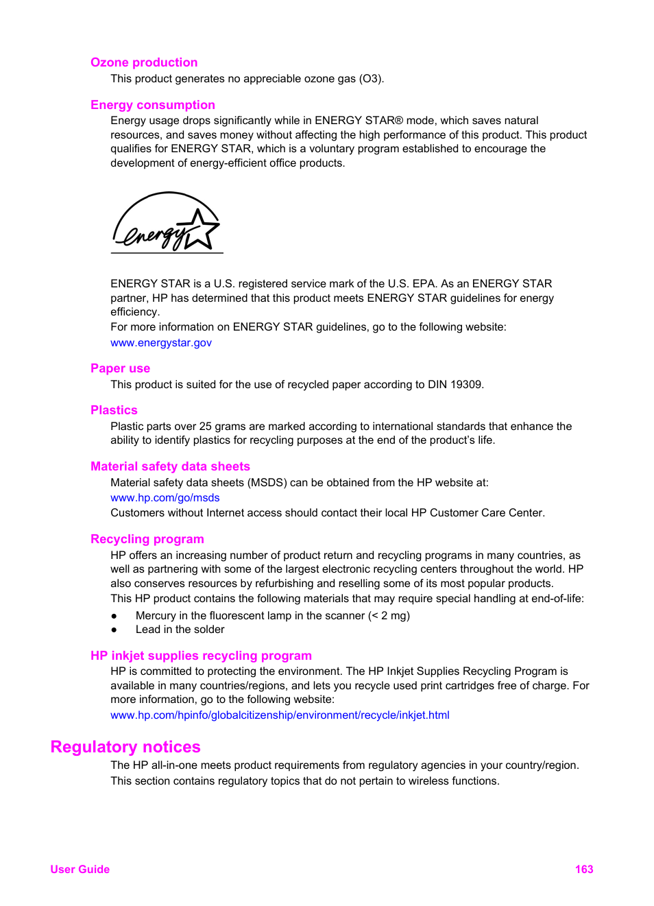 Ozone production, Energy consumption, Paper use | Plastics, Material safety data sheets, Recycling program, Hp inkjet supplies recycling program, Regulatory notices | HP Officejet 6210v All-in-One Printer User Manual | Page 166 / 177
