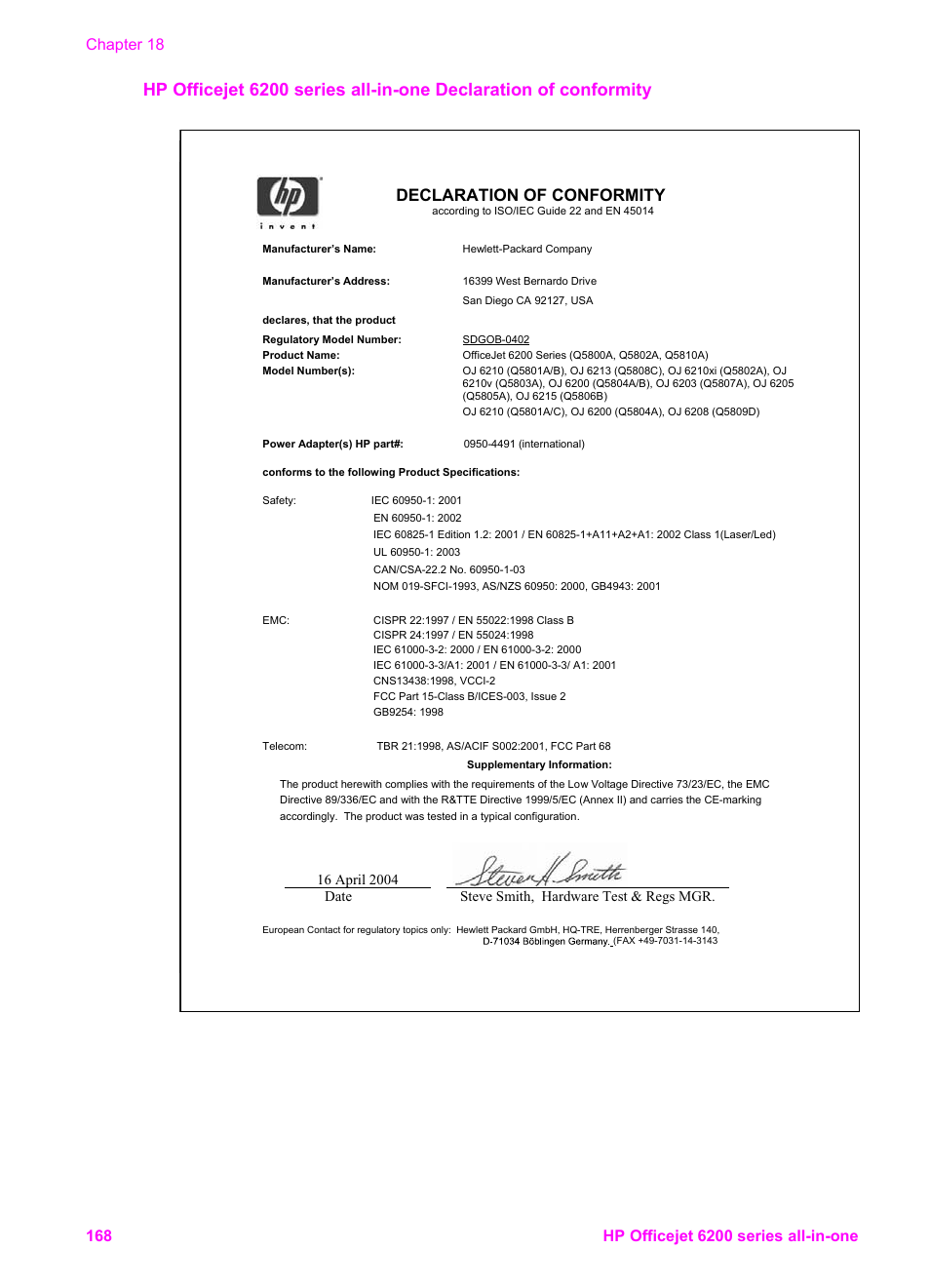 Declaration of conformity | HP Officejet 6210v All-in-One Printer User Manual | Page 171 / 177