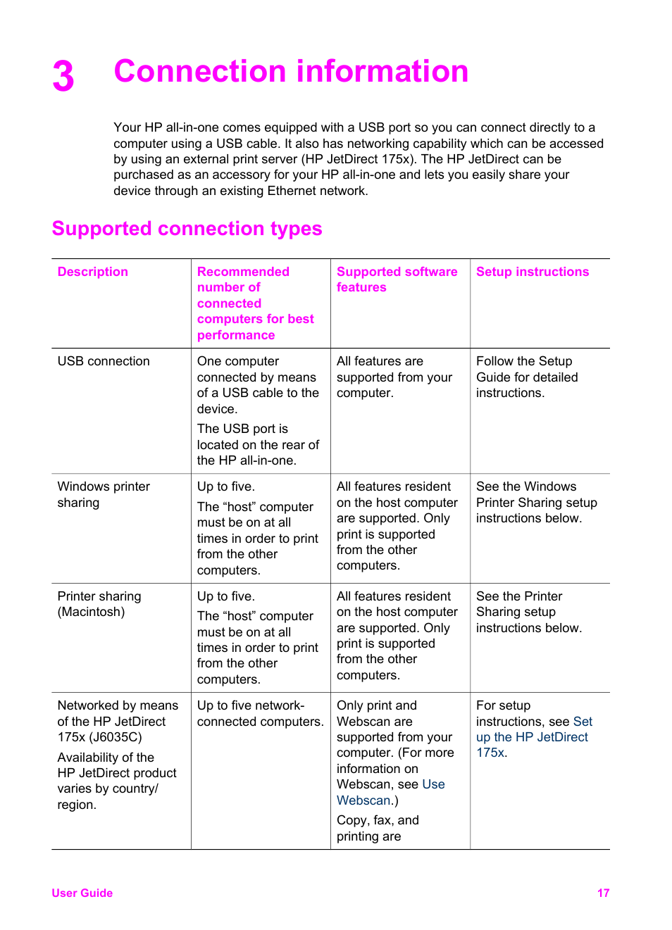 Connection information, Supported connection types | HP Officejet 6210v All-in-One Printer User Manual | Page 20 / 177