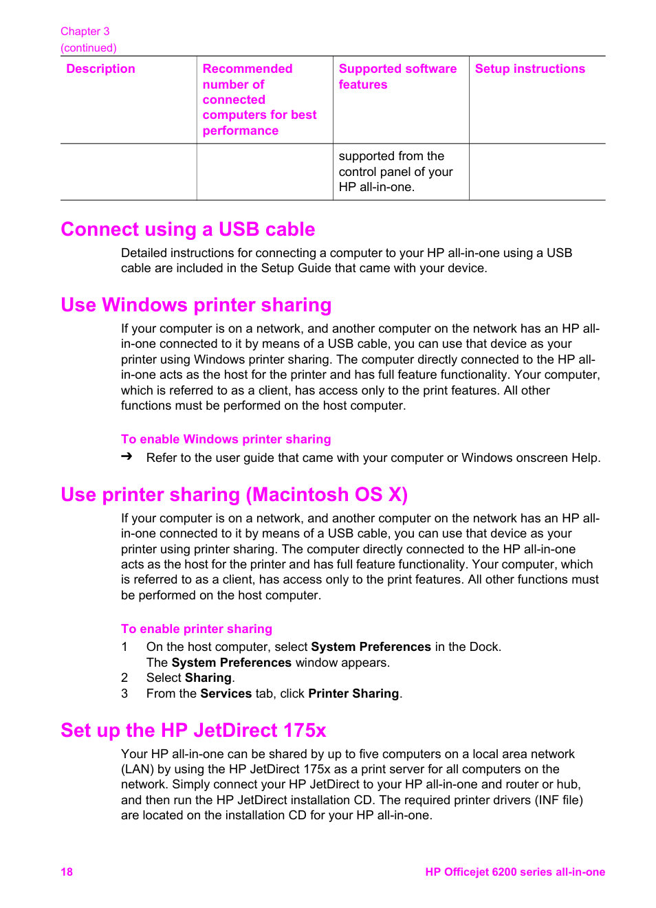 Connect using a usb cable, Use windows printer sharing, Use printer sharing (macintosh os x) | Set up the hp jetdirect 175x, Up the hp jetdirect 175x | HP Officejet 6210v All-in-One Printer User Manual | Page 21 / 177