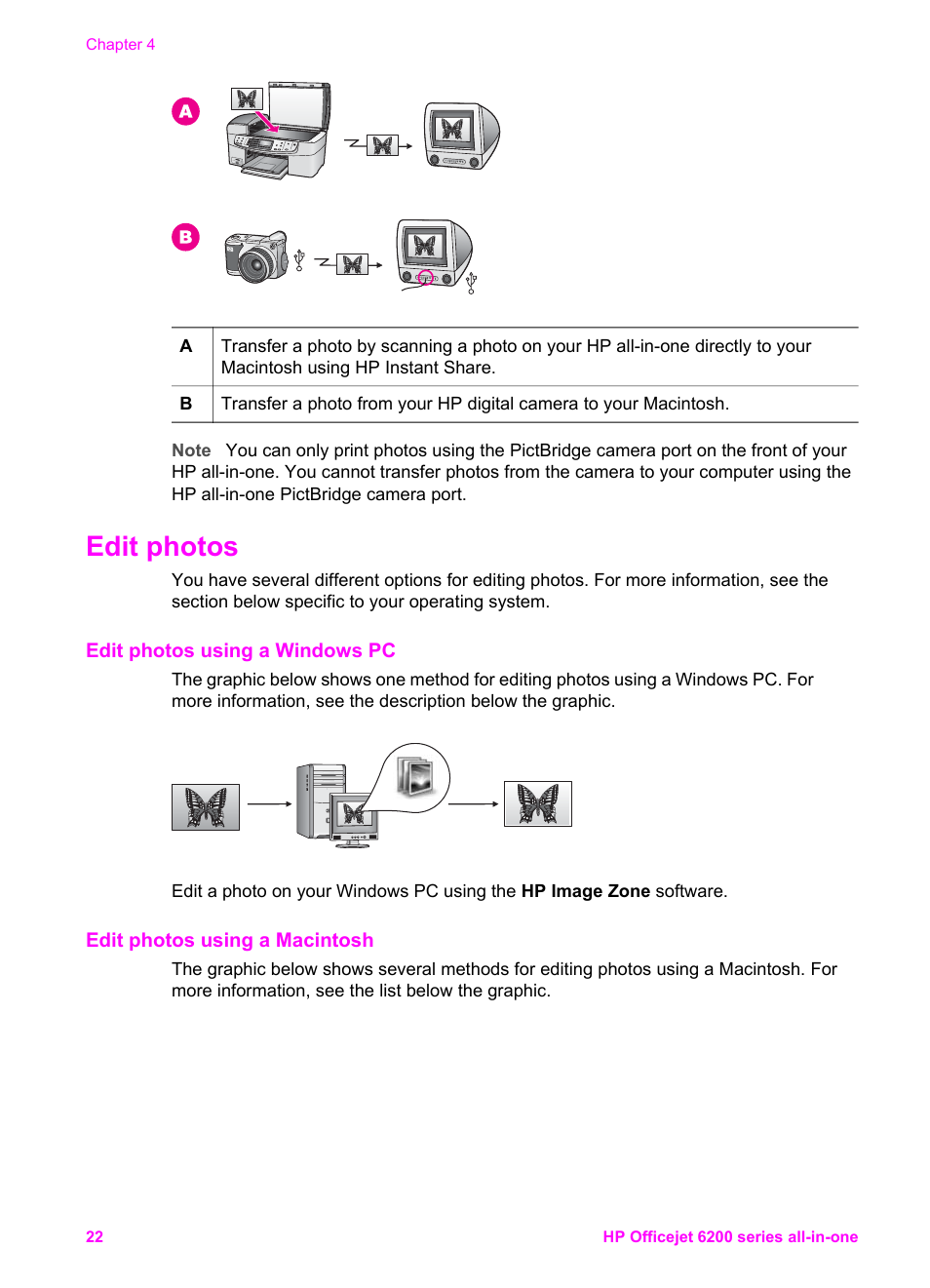 Edit photos, Edit photos using a windows pc, Edit photos using a macintosh | HP Officejet 6210v All-in-One Printer User Manual | Page 25 / 177