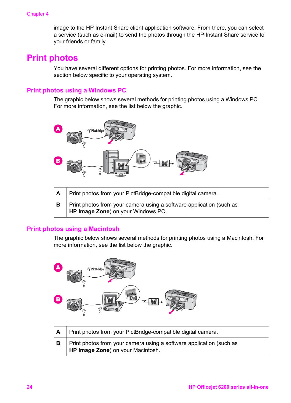 Print photos, Print photos using a windows pc, Print photos using a macintosh | HP Officejet 6210v All-in-One Printer User Manual | Page 27 / 177