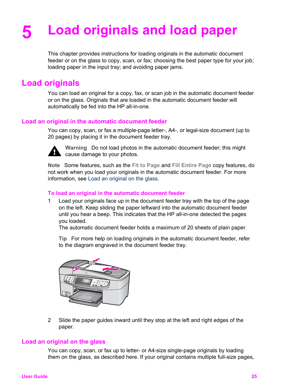 Load originals and load paper, Load originals, Load an original in the automatic document feeder | Load an original on the glass | HP Officejet 6210v All-in-One Printer User Manual | Page 28 / 177