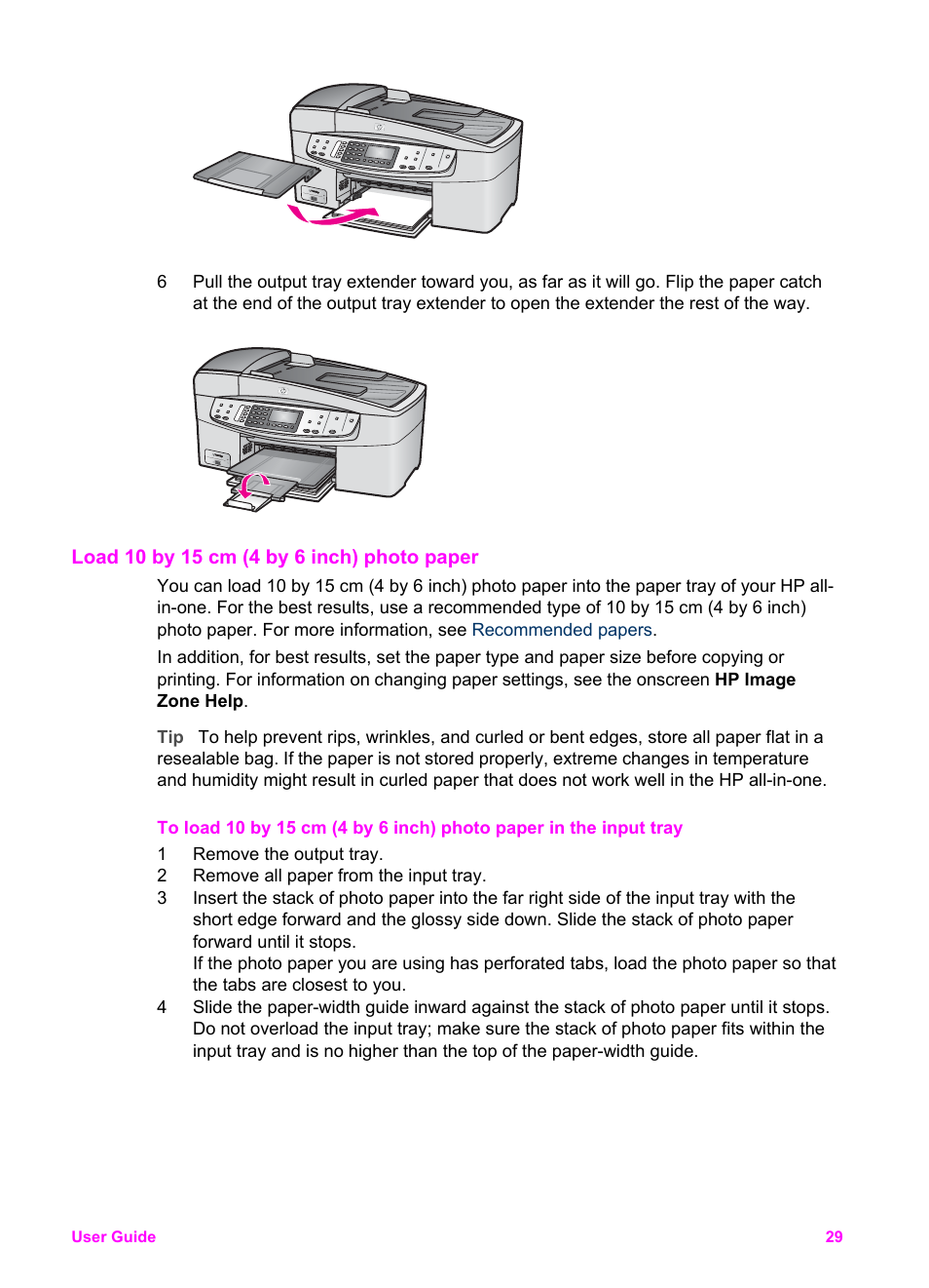 Load 10 by 15 cm (4 by 6 inch) photo paper | HP Officejet 6210v All-in-One Printer User Manual | Page 32 / 177