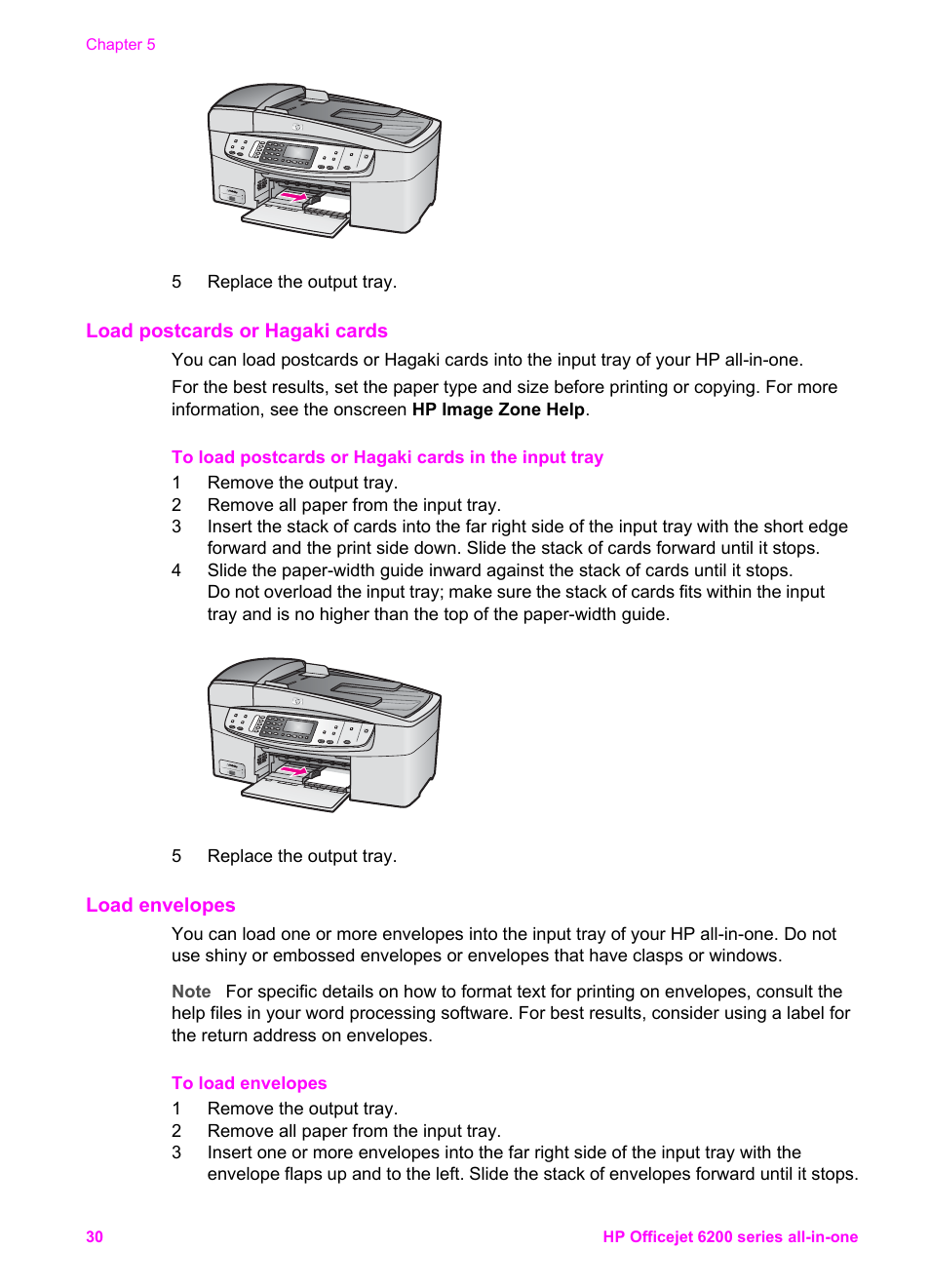 Load postcards or hagaki cards, Load envelopes | HP Officejet 6210v All-in-One Printer User Manual | Page 33 / 177