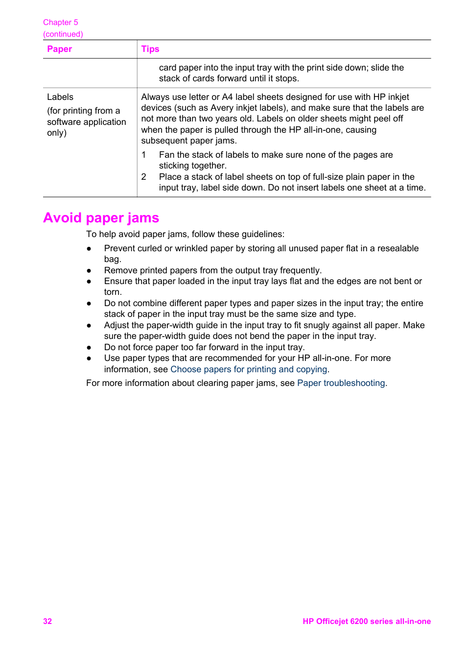 Avoid paper jams | HP Officejet 6210v All-in-One Printer User Manual | Page 35 / 177