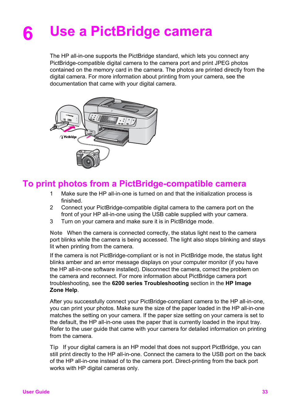Use a pictbridge camera | HP Officejet 6210v All-in-One Printer User Manual | Page 36 / 177