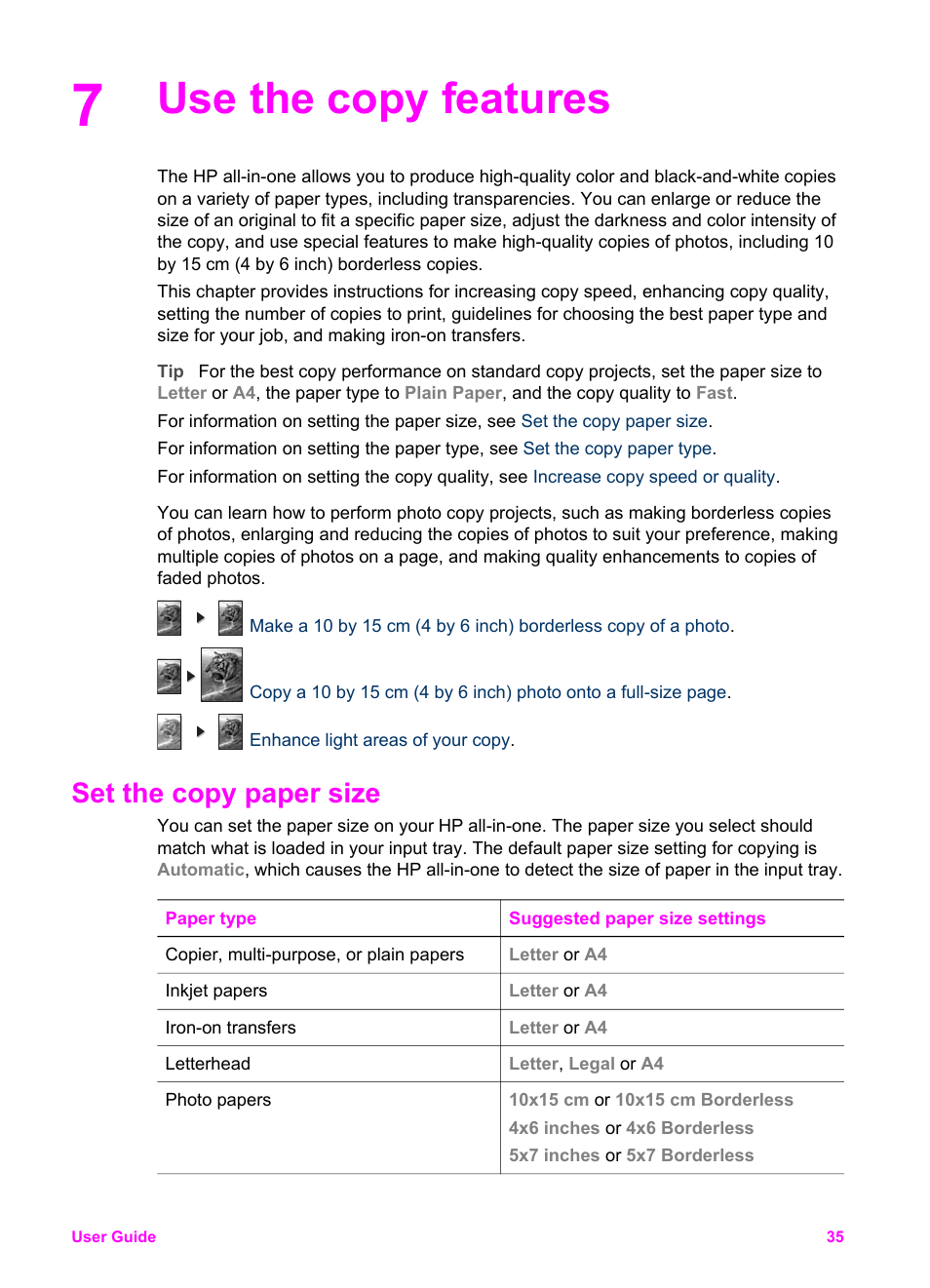 Use the copy features, Set the copy paper size | HP Officejet 6210v All-in-One Printer User Manual | Page 38 / 177