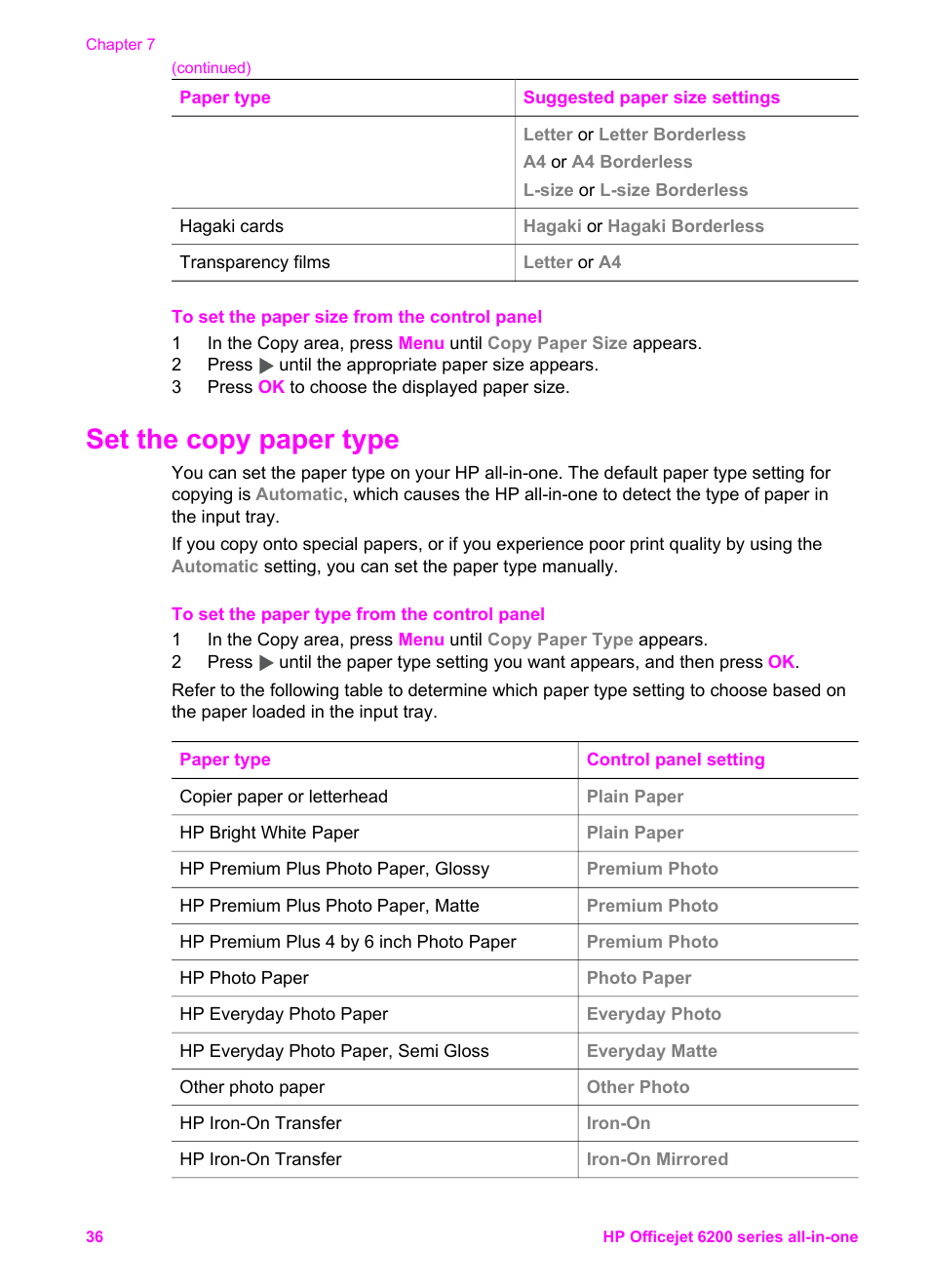 Set the copy paper type, On setting the paper type, see | HP Officejet 6210v All-in-One Printer User Manual | Page 39 / 177