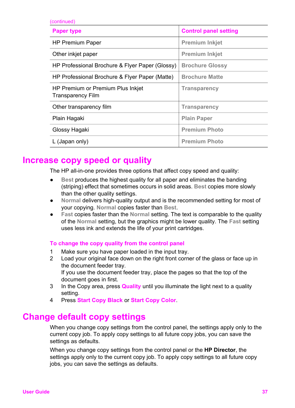 Increase copy speed or quality, Change default copy settings | HP Officejet 6210v All-in-One Printer User Manual | Page 40 / 177