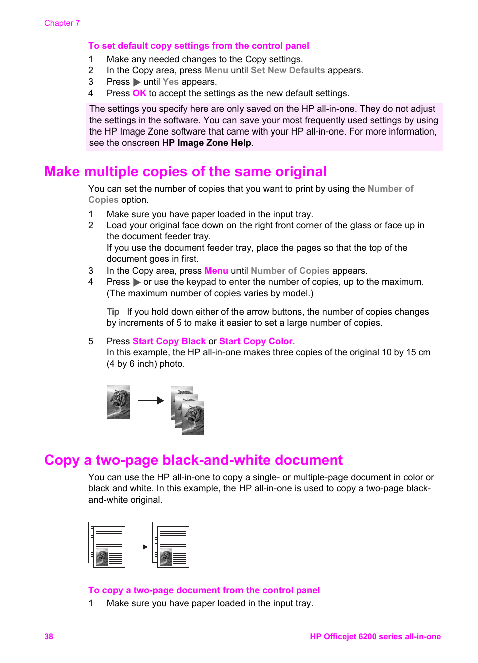 Make multiple copies of the same original, Copy a two-page black-and-white document | HP Officejet 6210v All-in-One Printer User Manual | Page 41 / 177