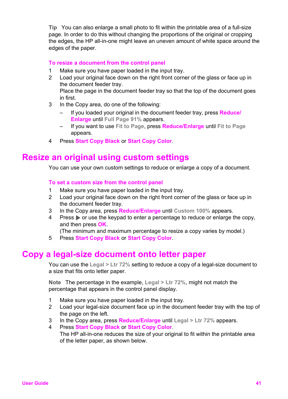 Resize an original using custom settings, Copy a legal-size document onto letter paper | HP Officejet 6210v All-in-One Printer User Manual | Page 44 / 177