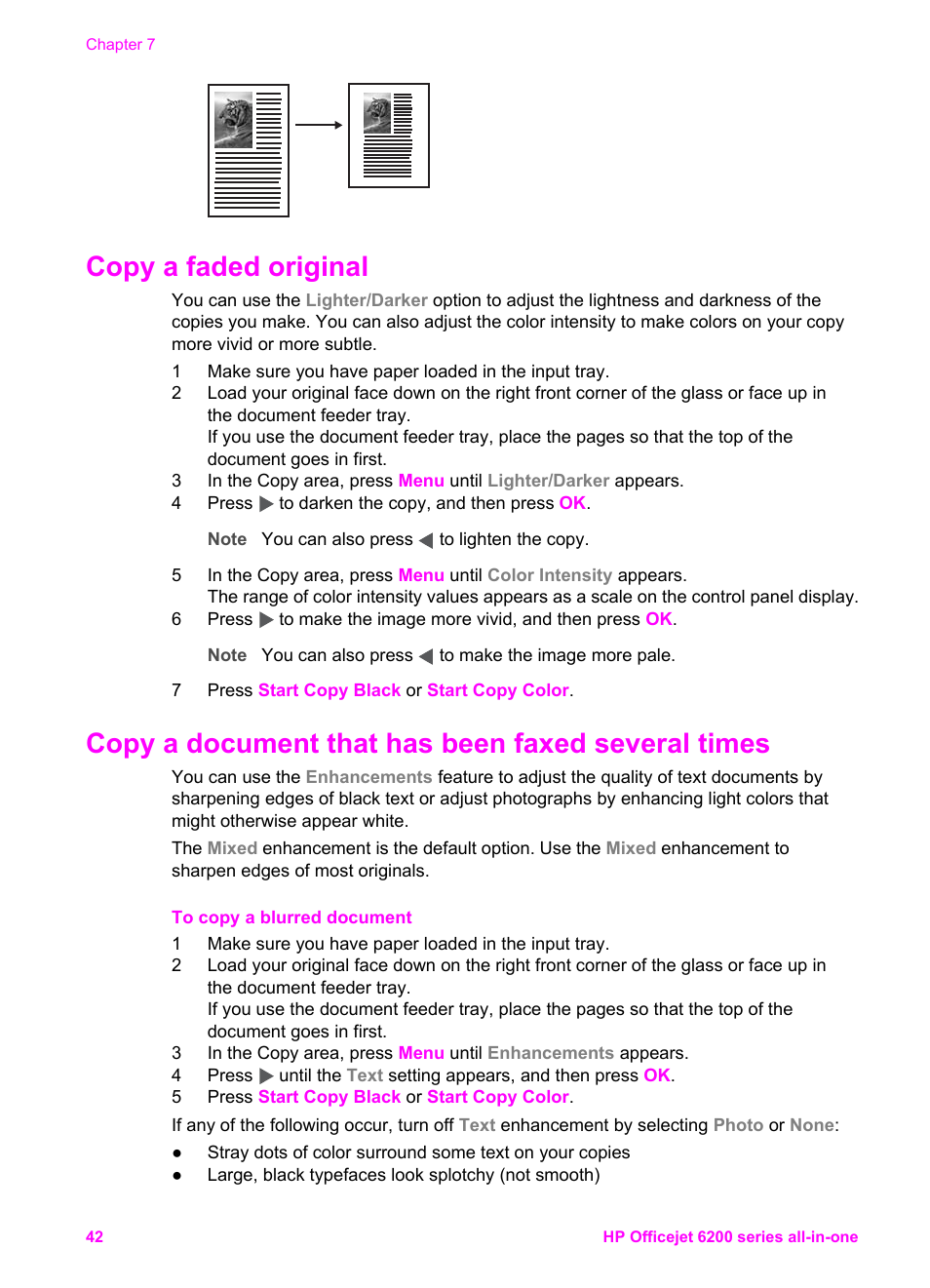 Copy a faded original, Copy a document that has been faxed several times | HP Officejet 6210v All-in-One Printer User Manual | Page 45 / 177