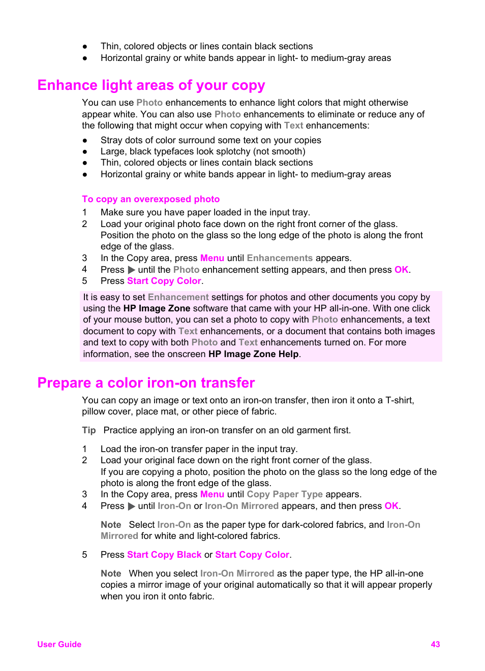 Enhance light areas of your copy, Prepare a color iron-on transfer, Enhance light areas of | Your copy | HP Officejet 6210v All-in-One Printer User Manual | Page 46 / 177