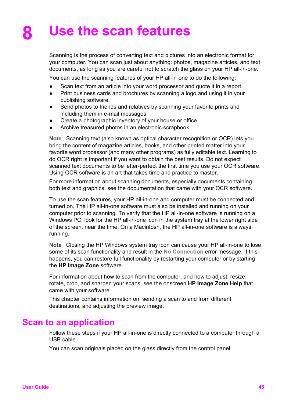 Use the scan features, Scan to an application | HP Officejet 6210v All-in-One Printer User Manual | Page 48 / 177