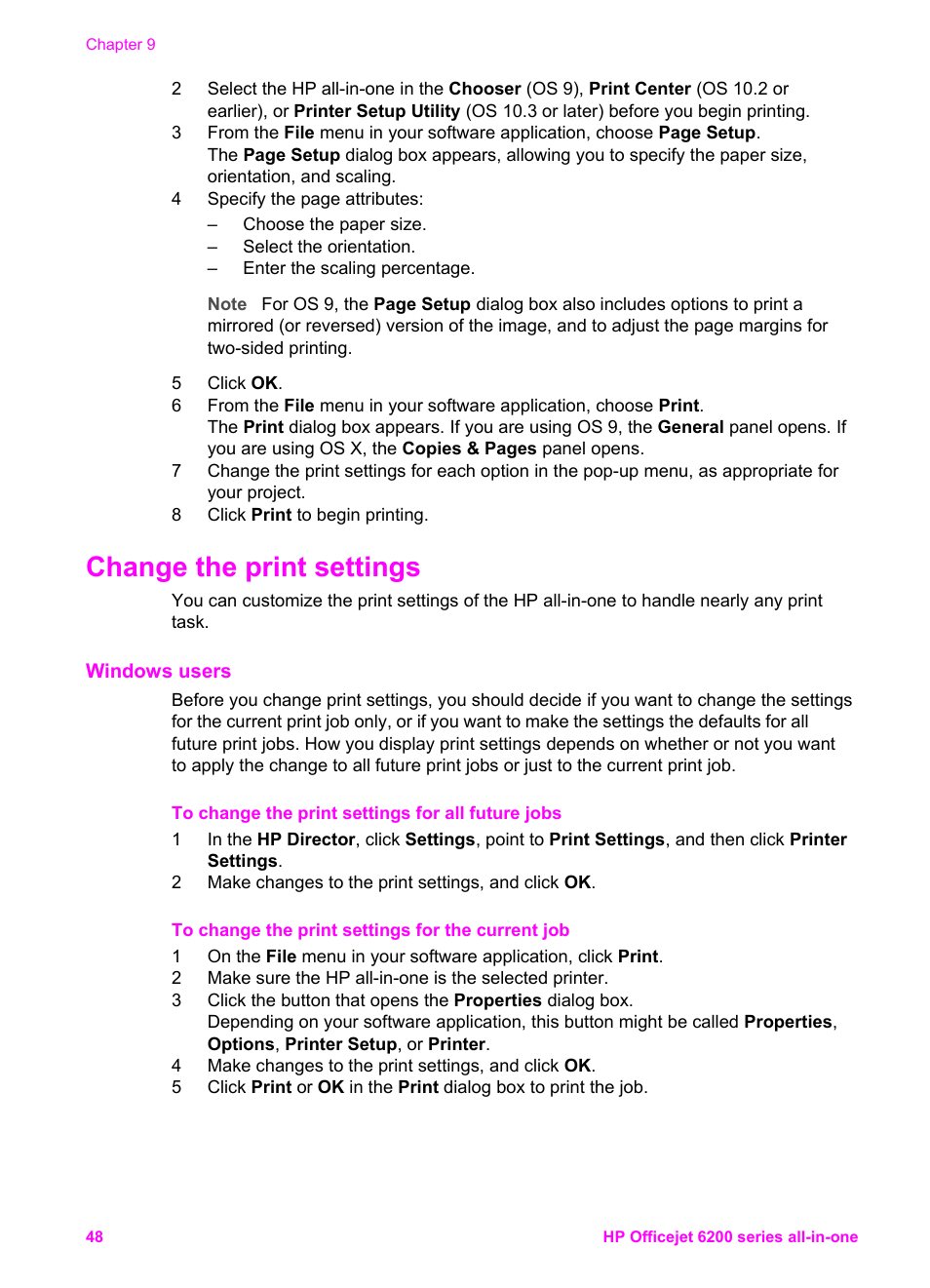 Change the print settings, Windows users | HP Officejet 6210v All-in-One Printer User Manual | Page 51 / 177