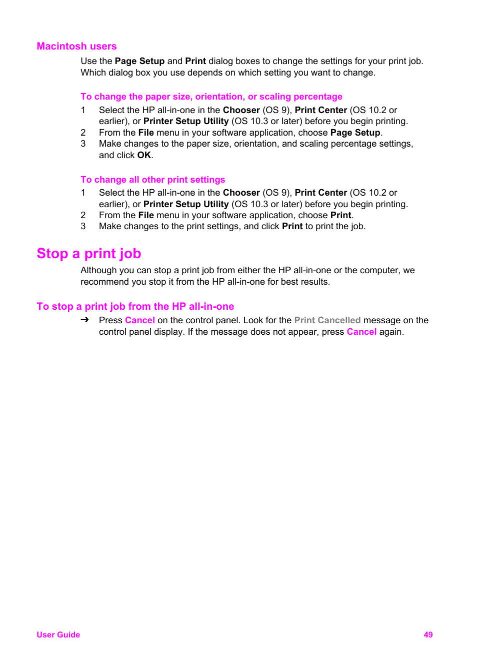Macintosh users, Stop a print job, To stop a print job from the hp all-in-one | HP Officejet 6210v All-in-One Printer User Manual | Page 52 / 177