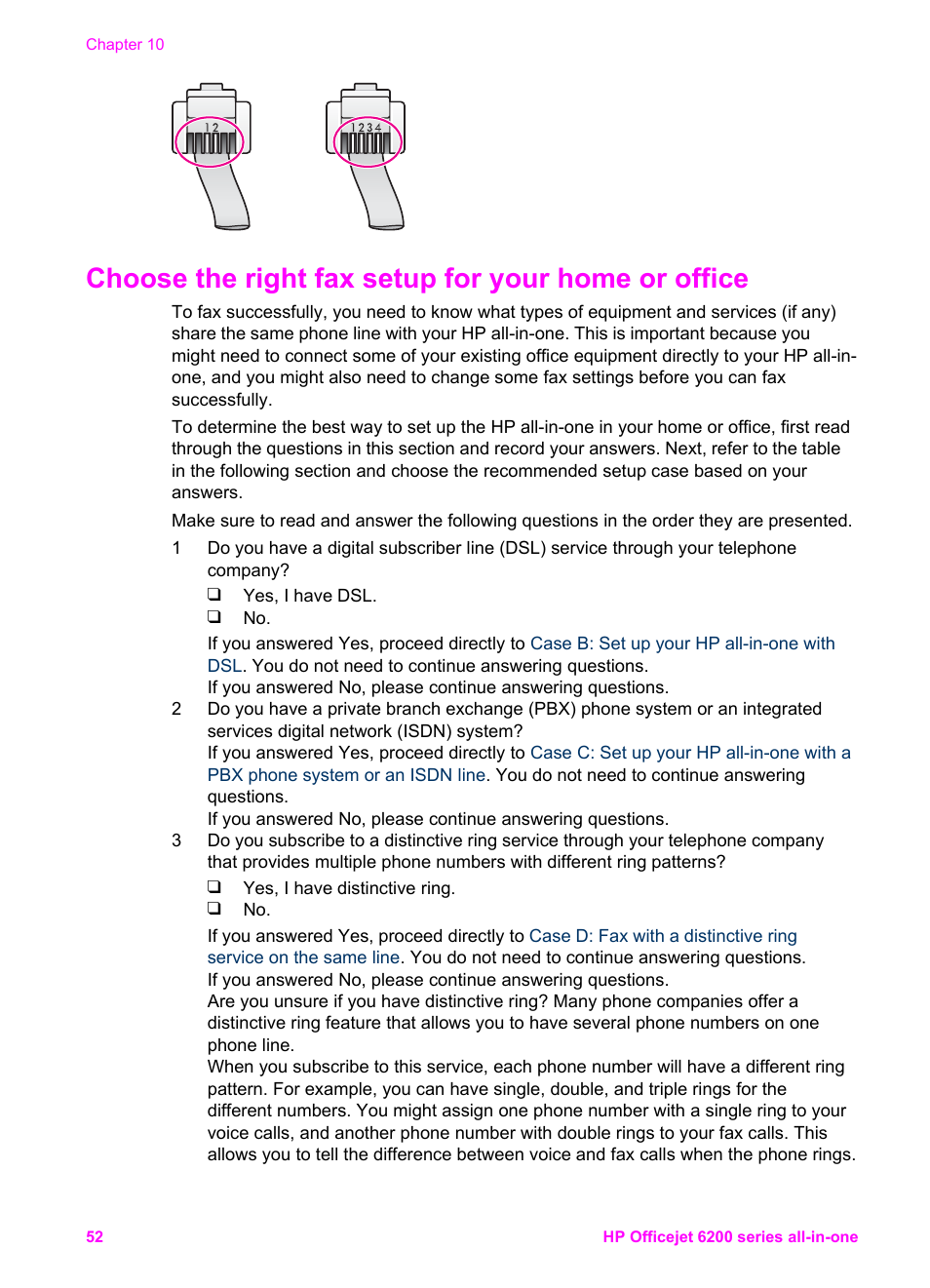 Choose the right fax setup for your home or office | HP Officejet 6210v All-in-One Printer User Manual | Page 55 / 177