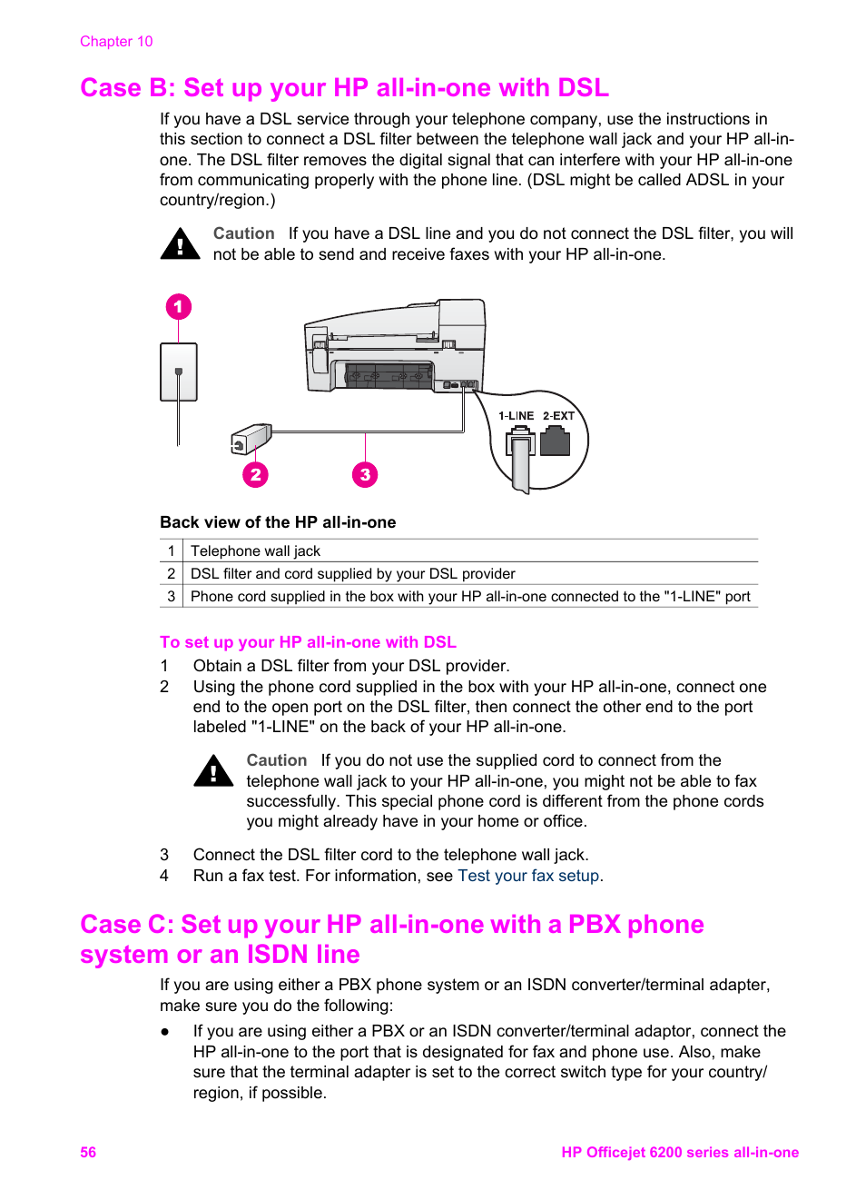 Case b: set up your hp all-in-one with dsl, Case b: set up your hp all-in-one with, Case c: set up your hp all-in-one with a | Pbx phone system or an isdn line, Case b: set up your hp all-in- one with dsl, Case b: set up your hp all- in-one with dsl | HP Officejet 6210v All-in-One Printer User Manual | Page 59 / 177