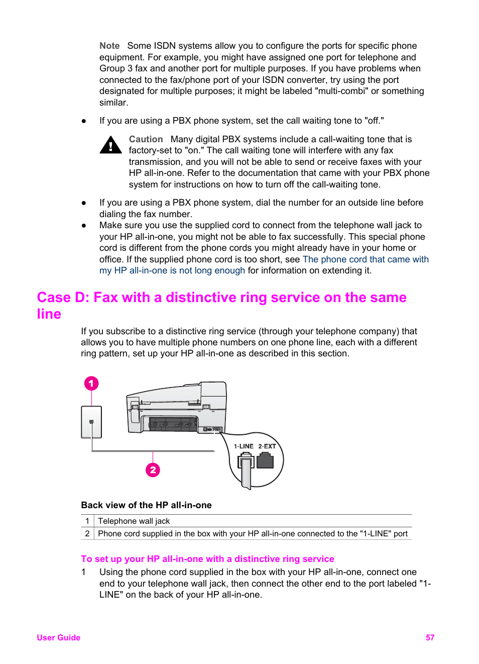 Case d: fax with a distinctive ring, Service on the same line | HP Officejet 6210v All-in-One Printer User Manual | Page 60 / 177