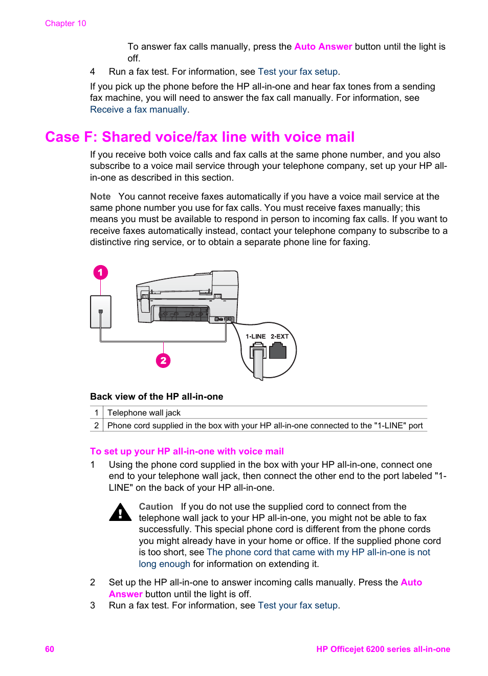 Case f: shared voice/fax line with voice mail | HP Officejet 6210v All-in-One Printer User Manual | Page 63 / 177