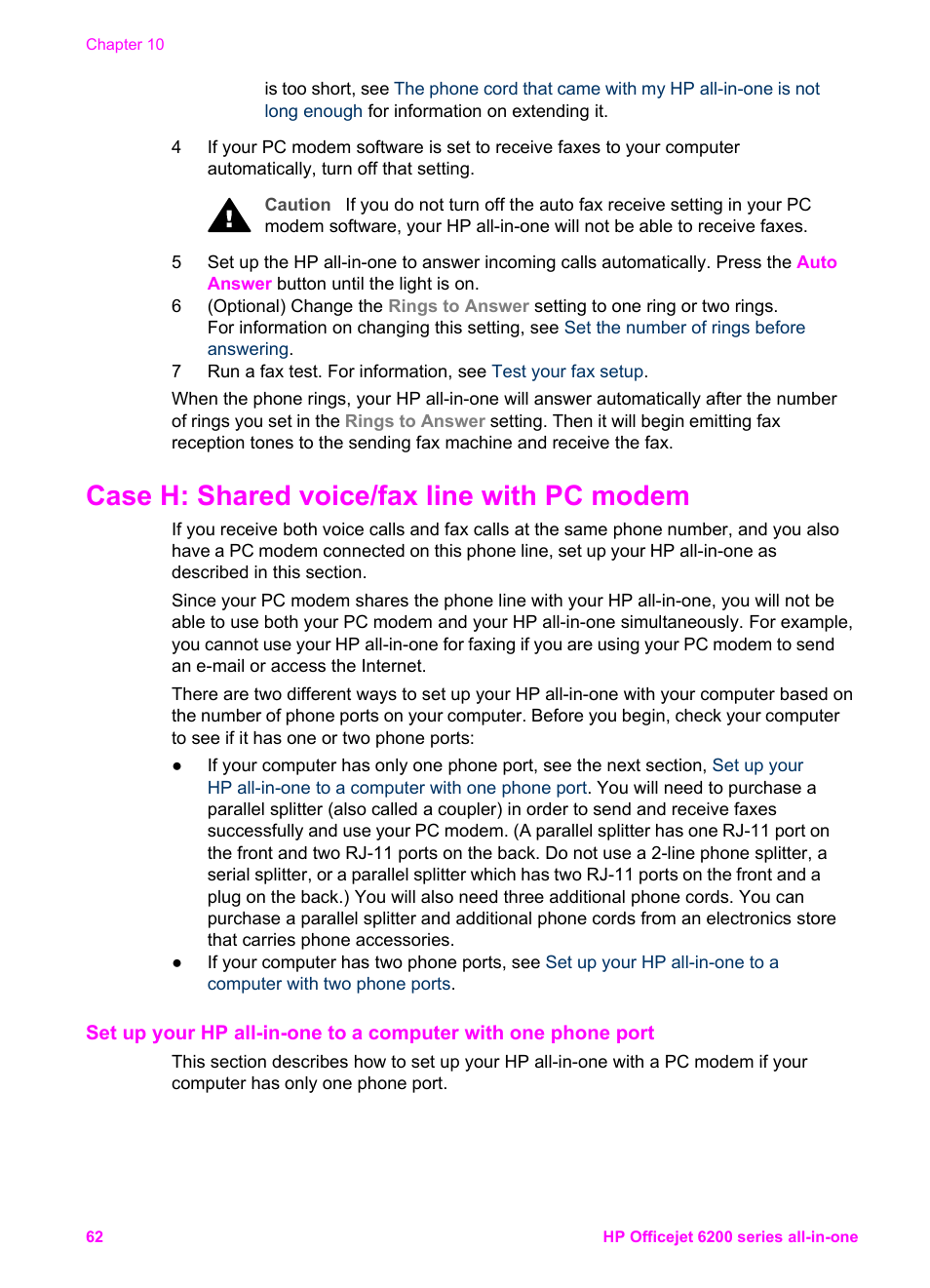 Case h: shared voice/fax line with pc modem | HP Officejet 6210v All-in-One Printer User Manual | Page 65 / 177